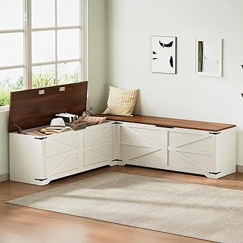 DWVO L-Shaped Storage Bench, 18" High Corner Dining Bench with Storage, Wooden Nook Storage Chest for Living Room, Bedroom