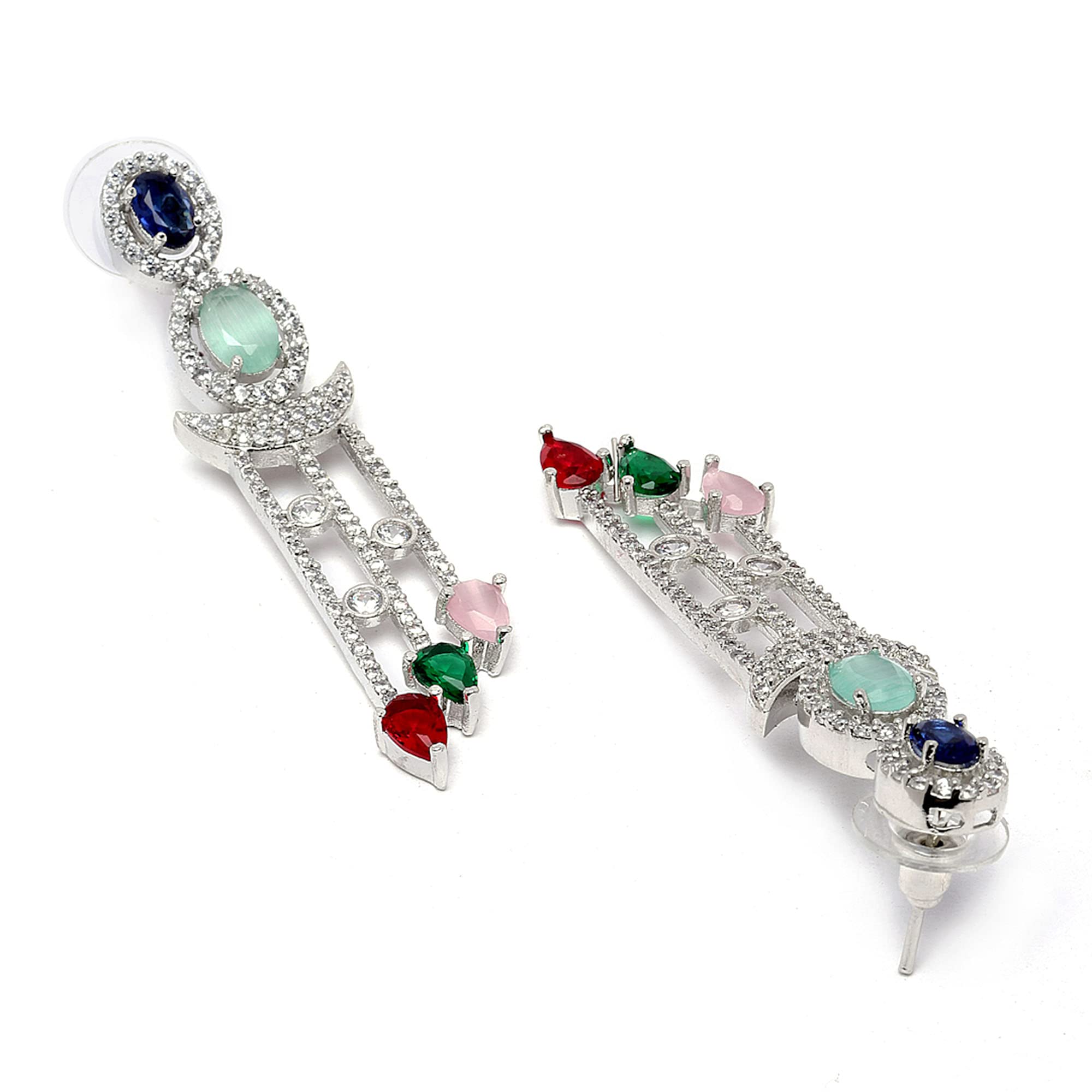 Rhodium-Plated AD Crescent Drop Earrings
