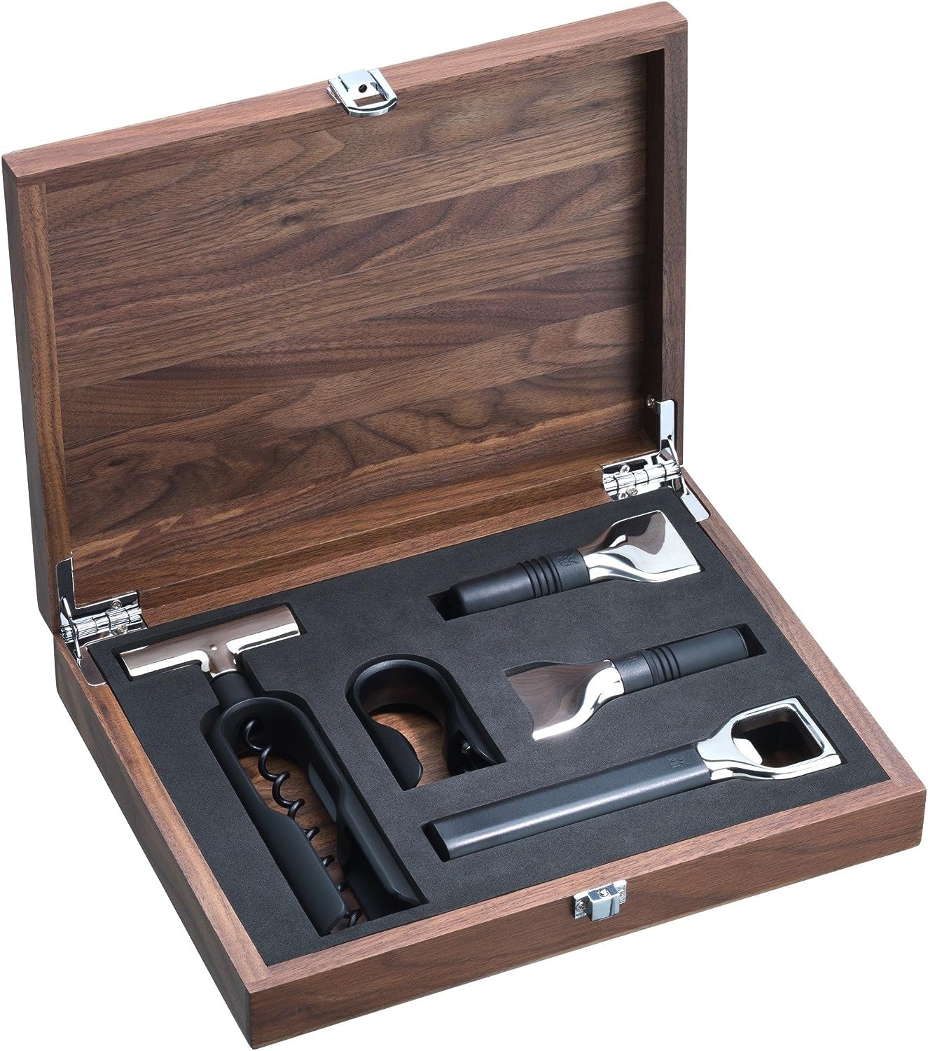 WMF Baric Wein Sommelier Set 5-teilig, Wein Zubehör, Korkenzieher, Folienschneider, Flaschenverschluss, Weinausgießer, Flaschenöffner, in Walnussholzbox, schwarz