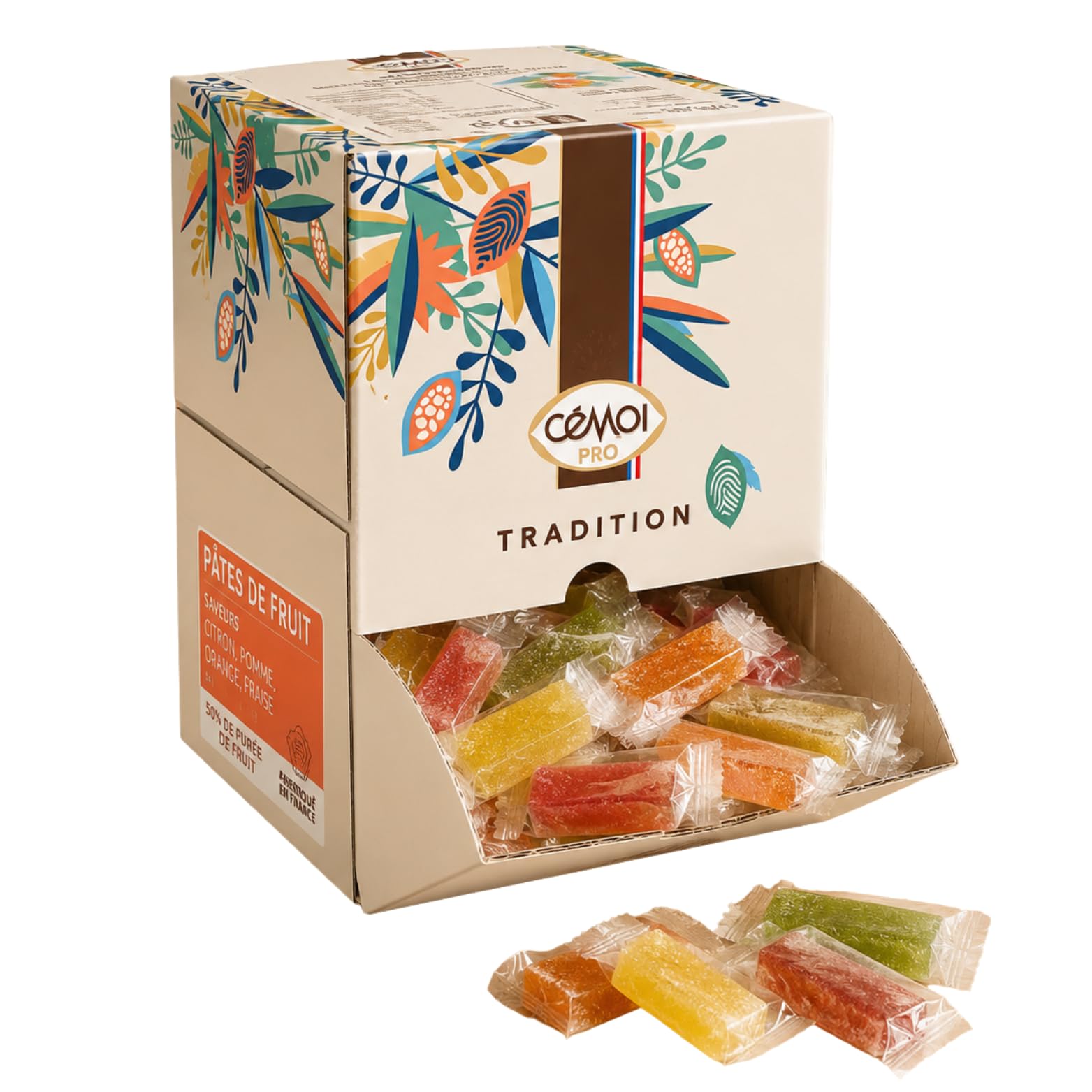 CEMOI | Boite distributrice de 220 Pâtes de Fruits | 4.5 kgs - Barres Individuelles 20.5g | 4 Saveurs Citron Orange Fraise Pomme - Fabrication Française | Idéal pour les comptoirs professionnels
