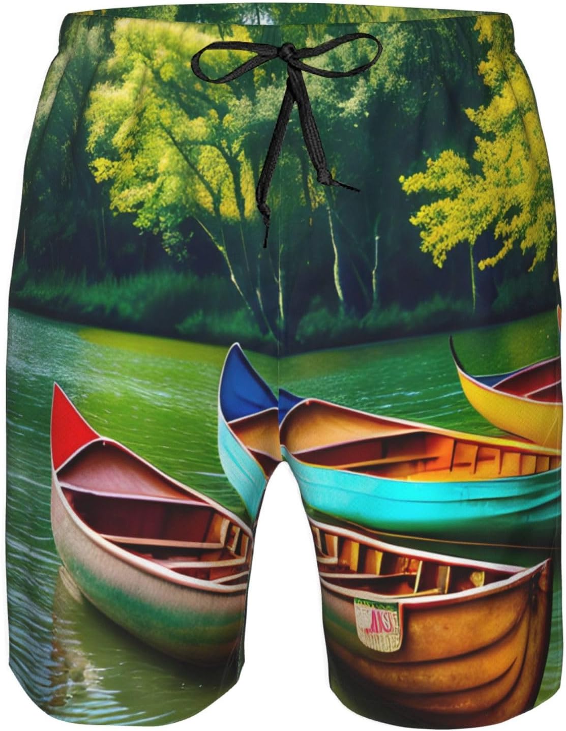 Mens Lake with Boats Canoes Park Print Beach Shorts,Casual Summer Shorts for Men,Quick Dry Polyester