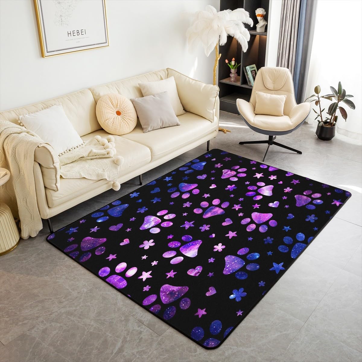Feelyou Dog Paw Print Area Rug 5x7 for Girls Boys Kids Purple Galaxy Decorative Carpet Room Decorative Puppy Pets Animal Themed Living Room Rugs Cute Cartoon Indoor Floor Mat Black Accent Rug