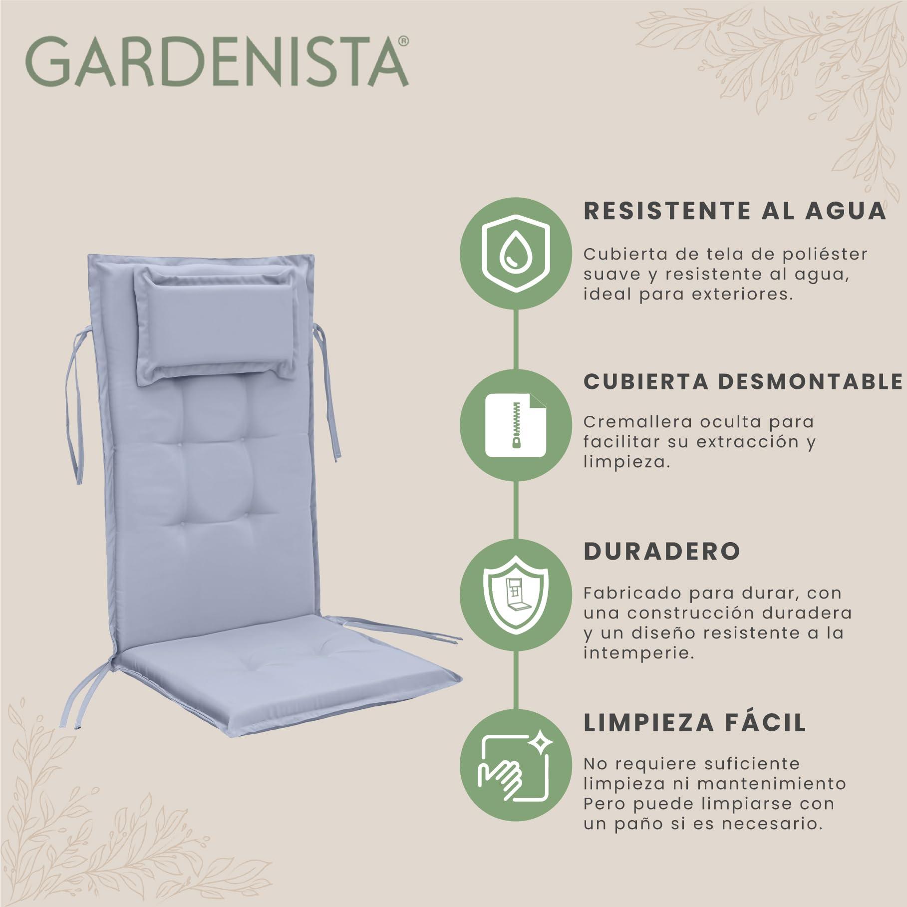 Gardenista Cojines para Sillas de Jardín con Respaldo Alto, Cojín Decorativo de Asiento (120x50X4cm), Cojines Acolchados para sillas terraza con Lazos y Reposacabezas, Cojín de Asiento Relleno (Gris)