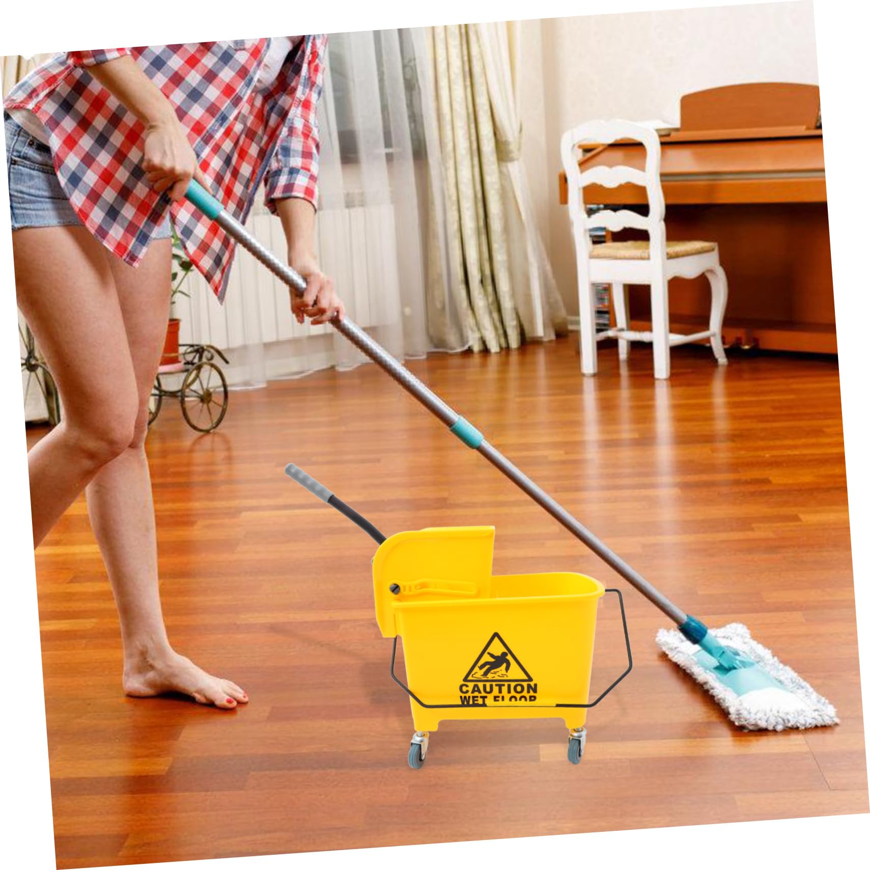COLLBATH Commercial Mop Bucket Wheels with Side Press Durable Plastic Construction for Cleaning Hotels and Businesses Yellow with Random Handle Color