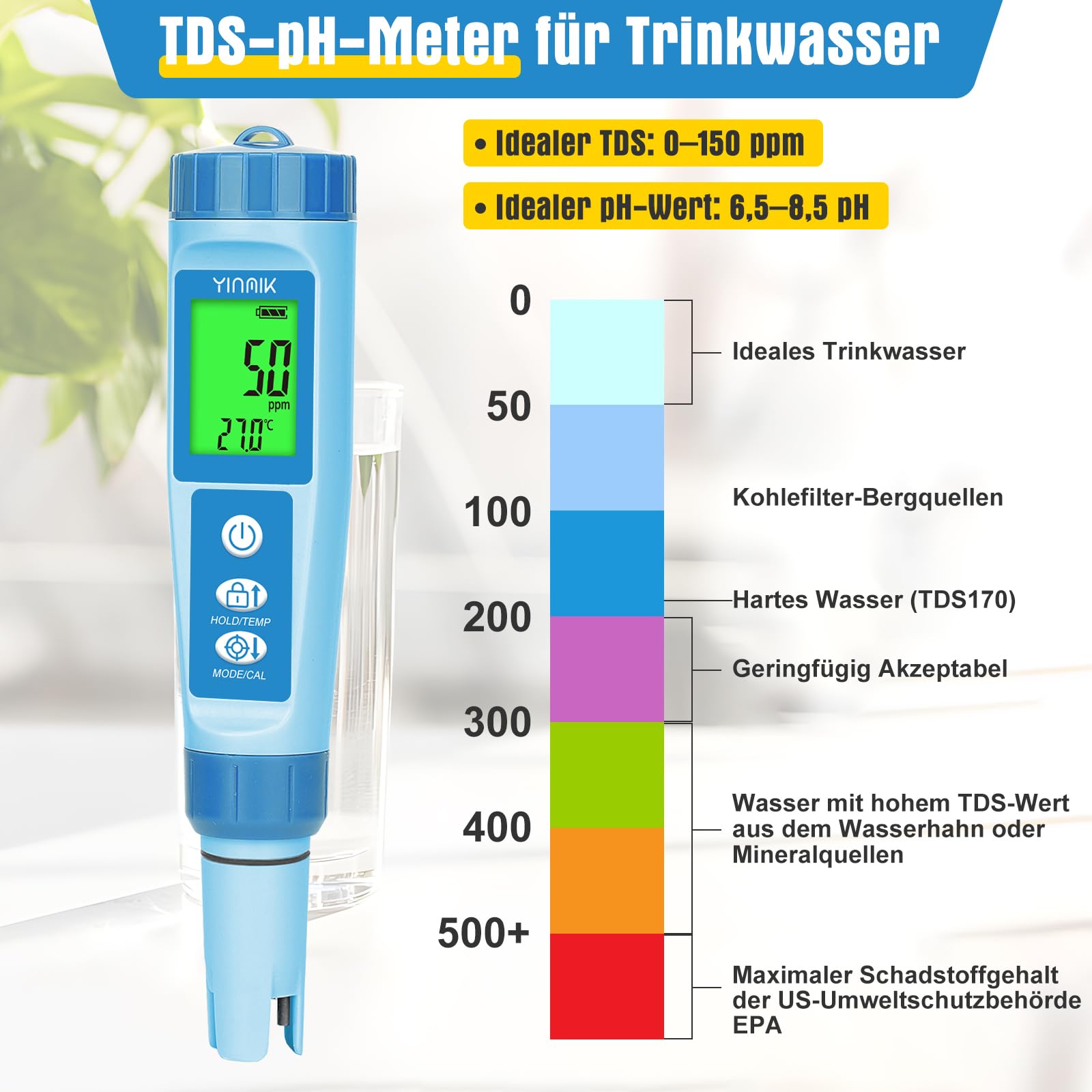 YINMIK pH Messgerät, Pool pH Messgerät, pH EC Messgerät Grow, TDS Tester für Trinkwasser, pH EC Messgerät für Hydrokultur, Digitales 4-in-1 pH Leitfähigkeits PPM Temp Messgerät für Pools Aquarium