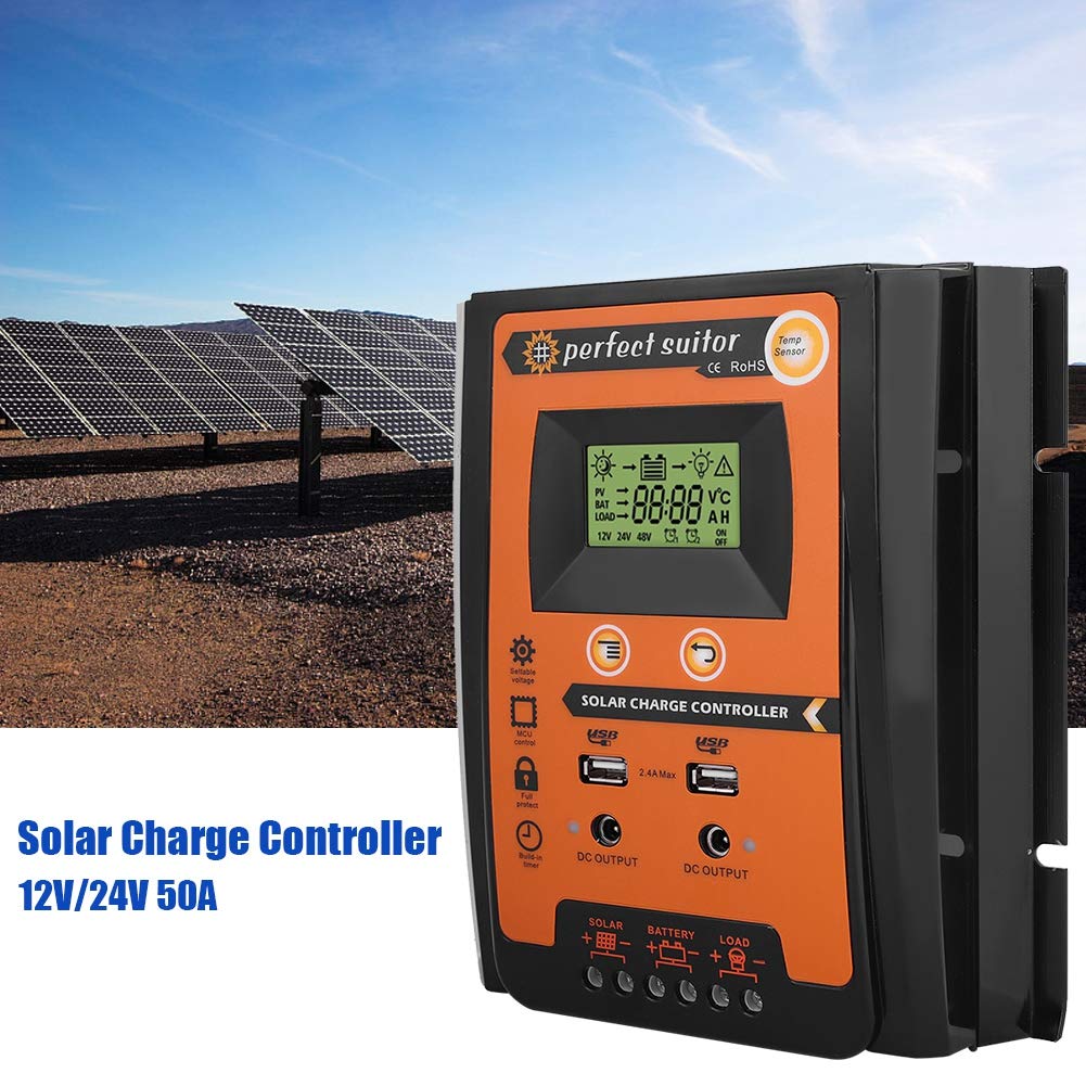 Regulador de batería del panel solar, 12V/24V A MPPT Controlador de carga solar Regulador de batería del panel solar Pantalla dual USB LCD(50A)