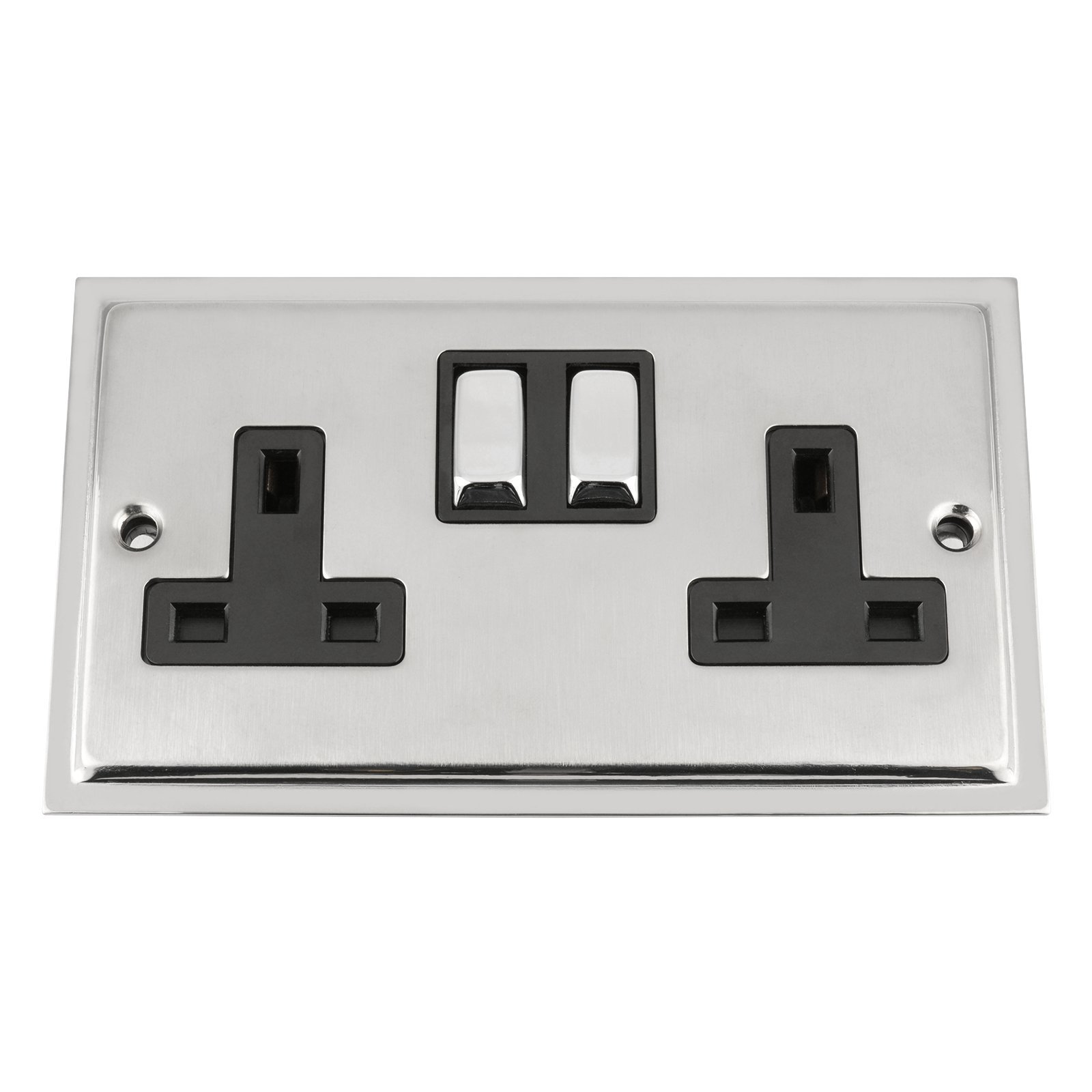A5 Products Polish Chrome,White Duo Satin Chrome With Chrome Edge Socket 2 Gang Black Insert With Metal Rocker Switch