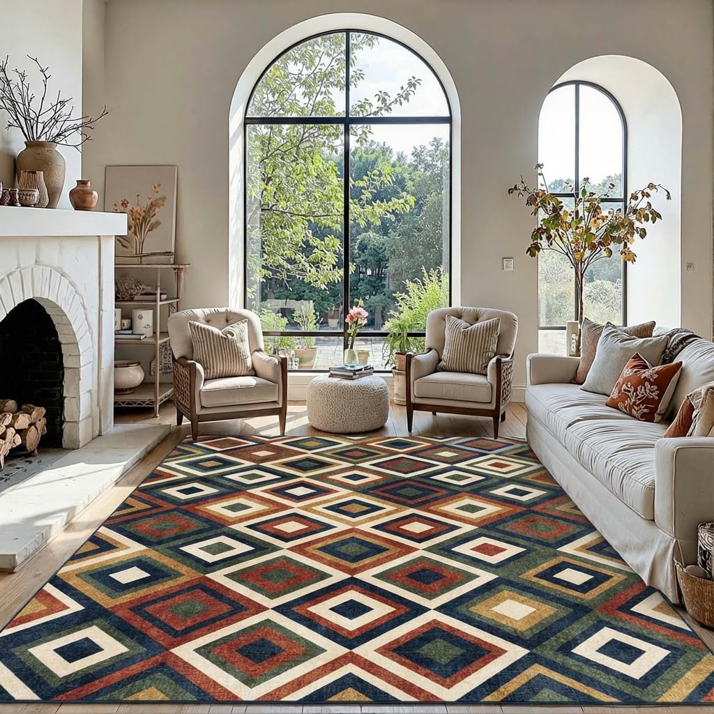 5x7 Retro Geometric Diamond Area Rug - Non-Slip Washable Low Pile, Olive Green Rust Red Navy Layered Pattern Carpet for Bedroom, Living Room, Dining Area, Home Office