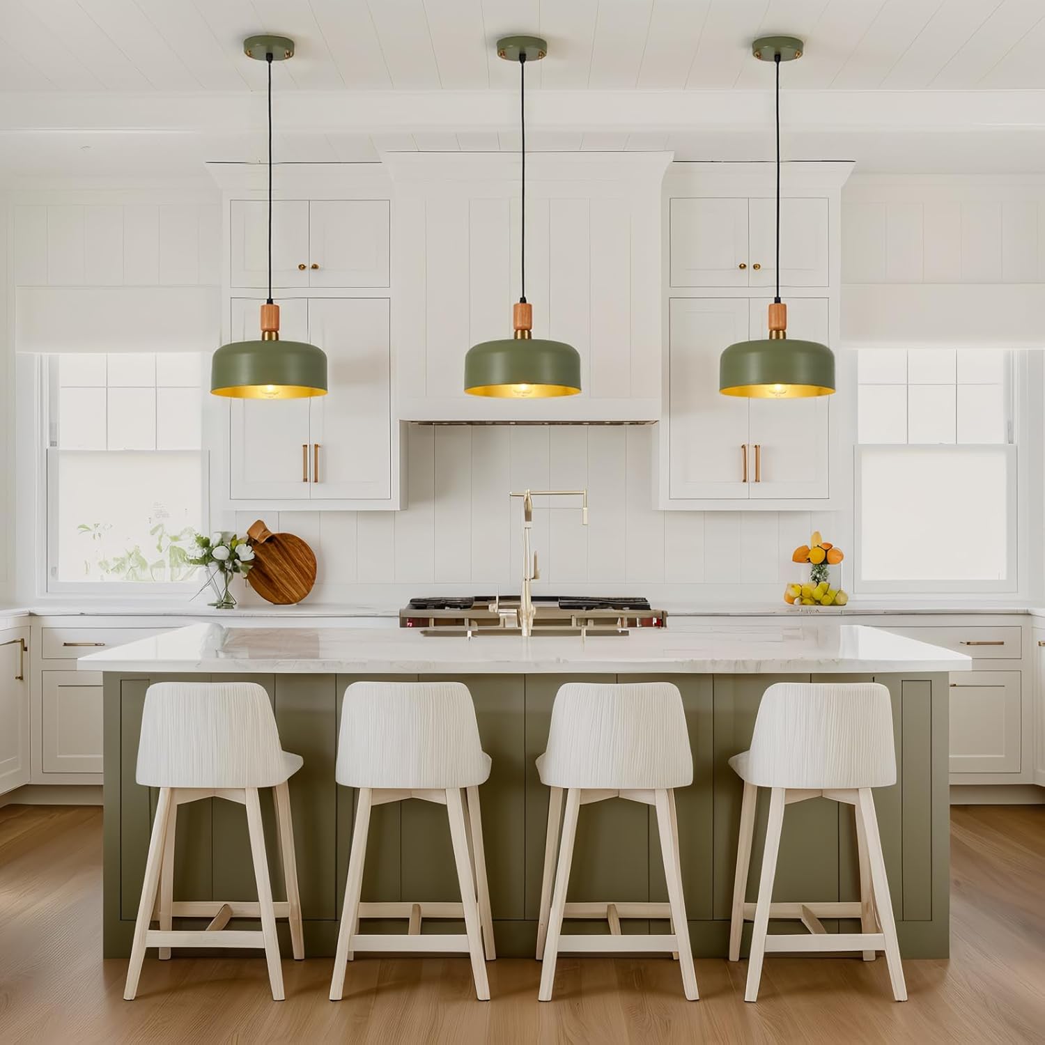 2Packs Modern Pendant Lighting,Industrial Pendant Light Fixtures with Green Metal Shade,Wood and Brass Accent,Adjustable Farmhouse Hanging Light Fixture for Kitchen Island,Dining Room,Bedroom,Hallway