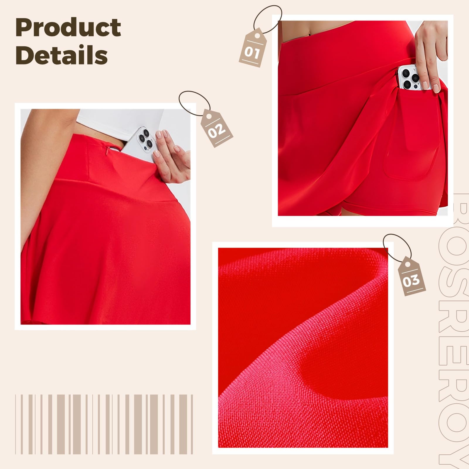 Jupes de tennis noires avec poches, jupe-short athlétique pour femme avec short intégré, polyester élasthanne extensible, taille XXXL pour 65,8 à 72,6 kg, Rouge, Taille unique