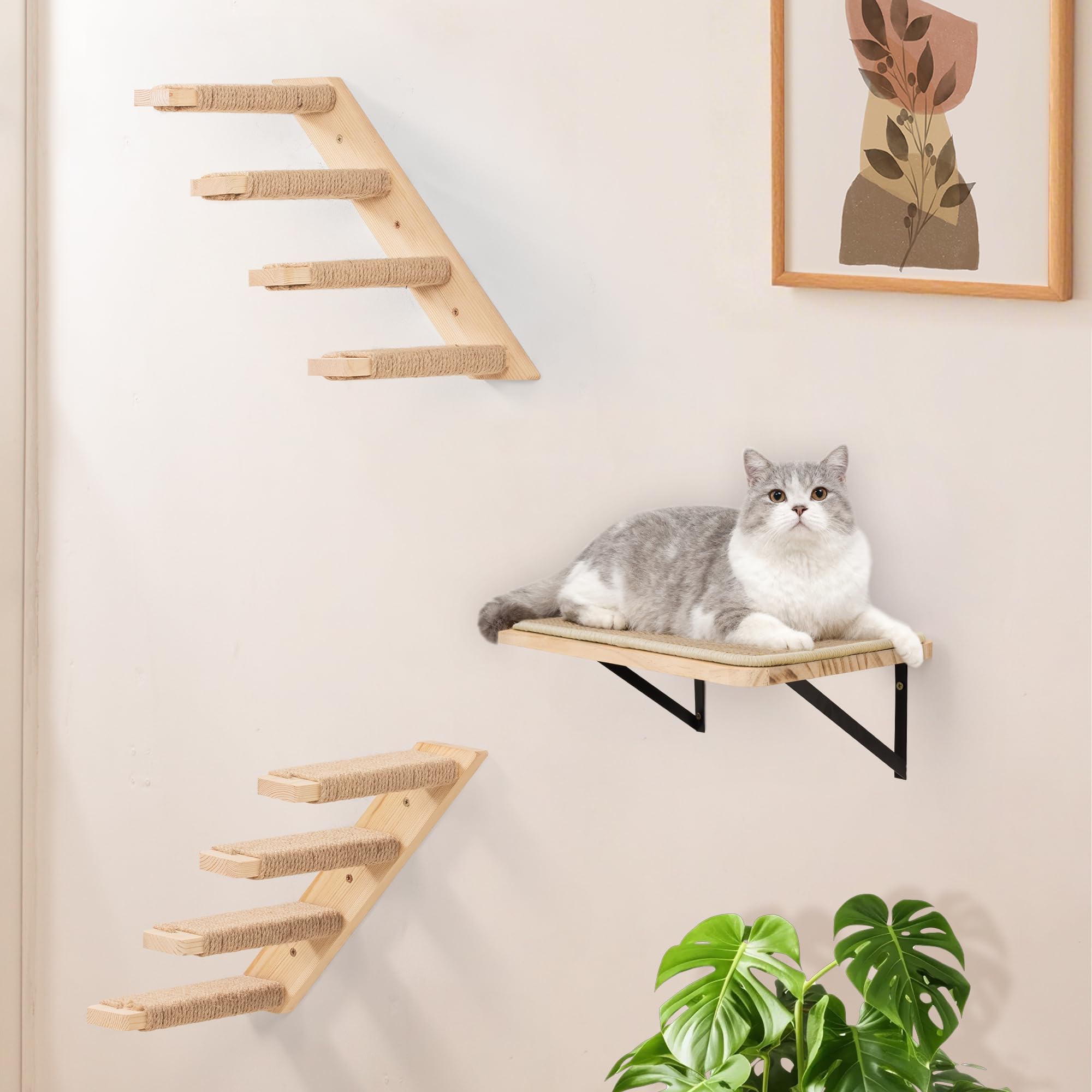 Kathson 6-Piece Cat Wall Mounted Shelves - Wooden Climbing Steps With Non-Slip Felt, Cat Wall Bed & Perch For Indoor Play