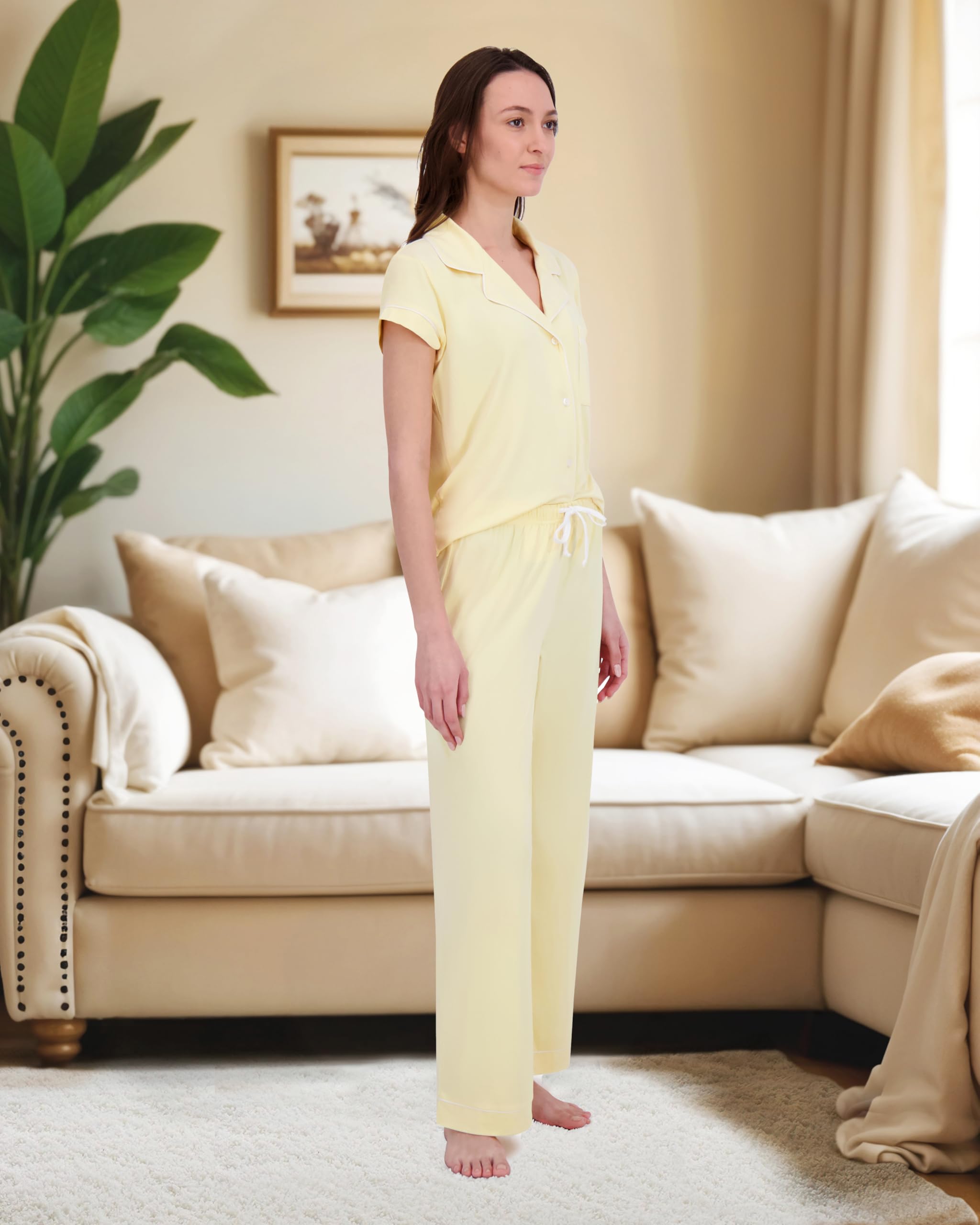 Rachel Zoe Yellow Pajamas for Women, Jersey Soft PJS, Womens Button Down Pajama Sets, Ladies Sleepwear (Yellow, X-Large)