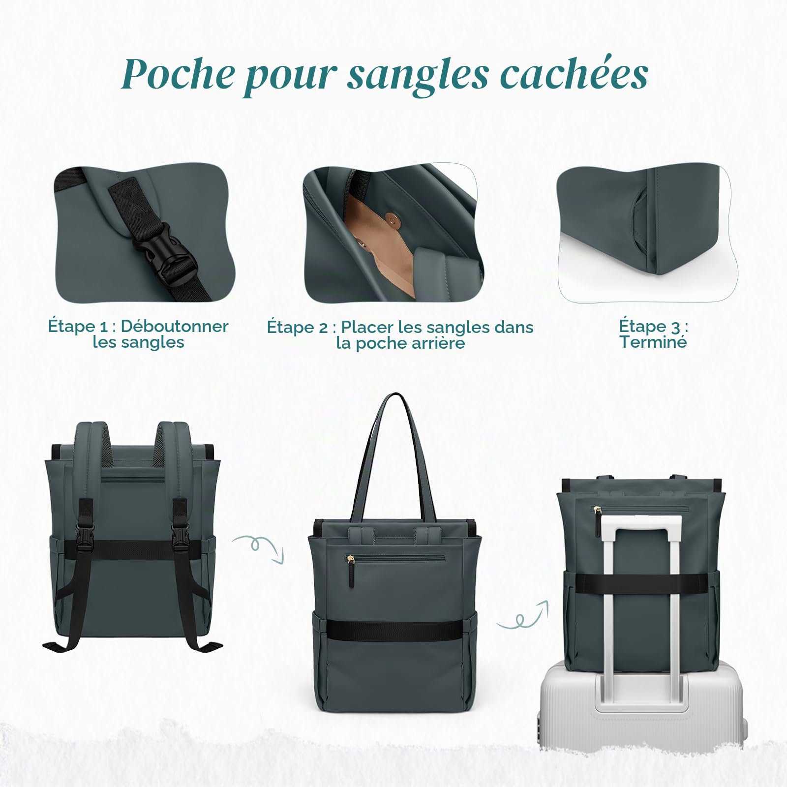 Sac à Dos Convertible pour Ordinateur Portable, Sac à Dos pour Ordinateur Portable pour Femme, Sac de Voyage Décontracté de 15.6 Pouces, pour l'université, les Voyages, le Travail (Vert Foncé)