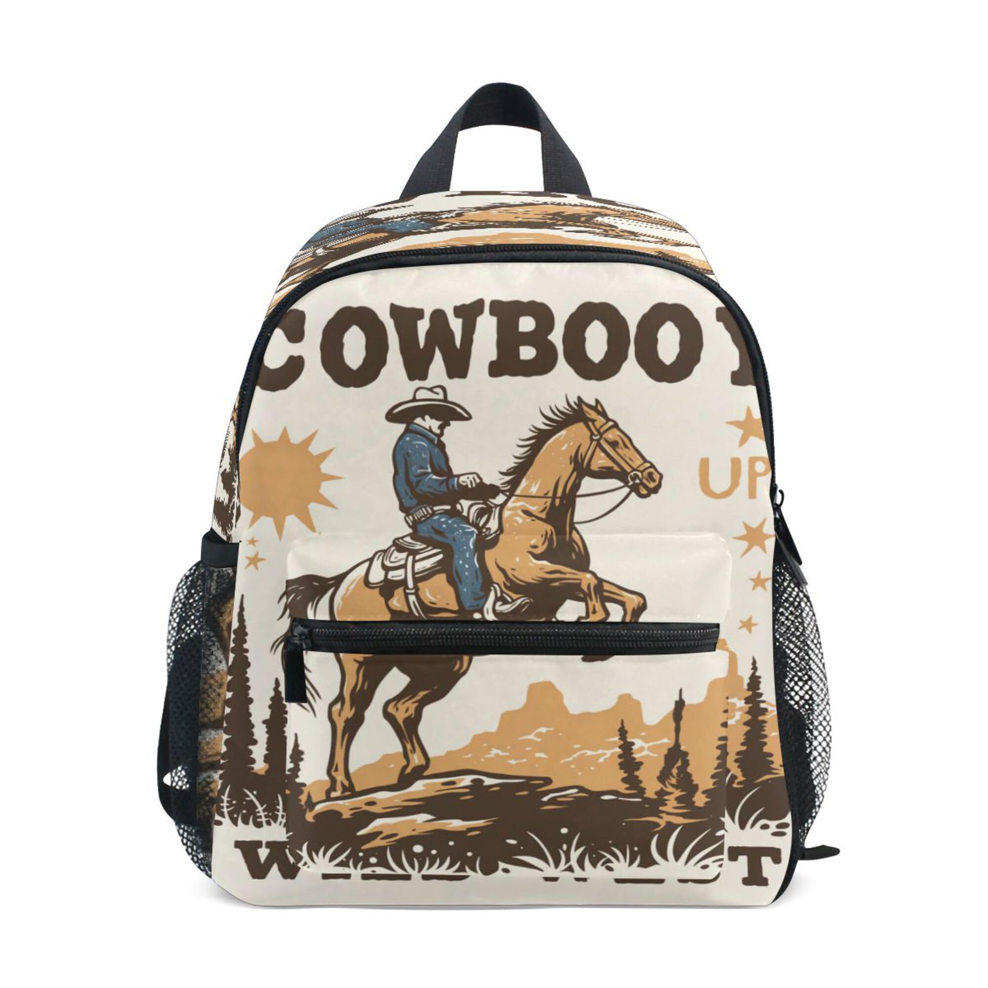 Fun Kids Backpack Boy's/Girl's Waterproof Children Kindergarten School Book Bag with Chest Strap A Cowboy Riding A Horse in The Wild West