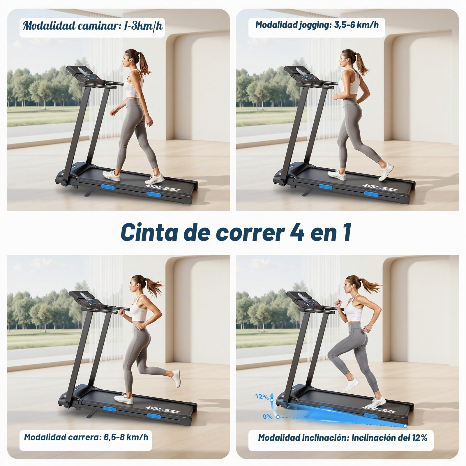 Cinta de Correr, Cinta de Correr Plegable 4 en 1 - Inclinación del 12% - Motor de 2,5 CV - Velocidad de 1 a 8 km/h - Equipada con Pantalla LED y Consola de Control.