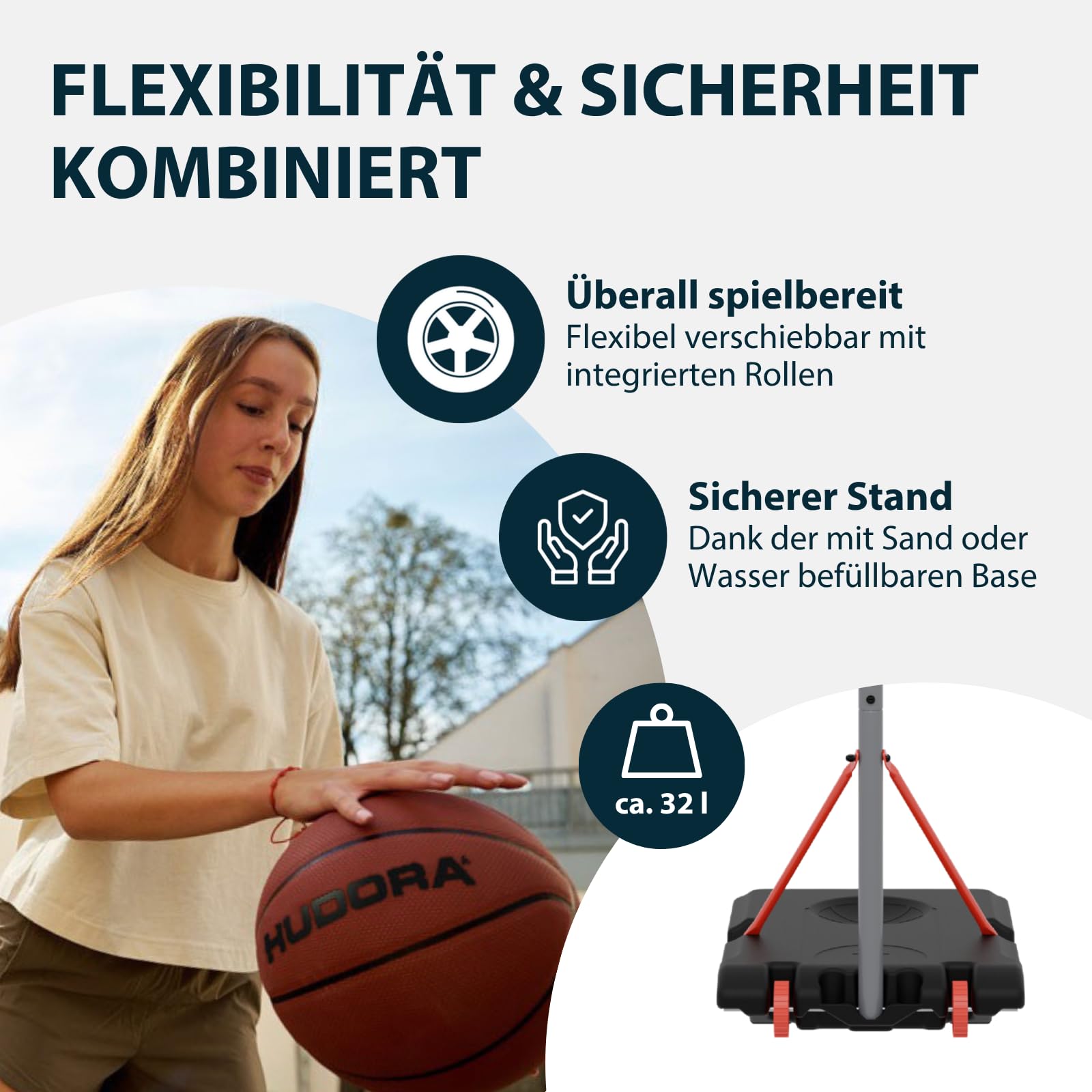 HUDORA Basketballständer RoCo 260 Lite - Höhenverstellbarer Basketballkorb - geeignet für Indoor und Outdoor - für Kinder und Jugendliche - Basketball Korb mit Ständer - Shadow, grau