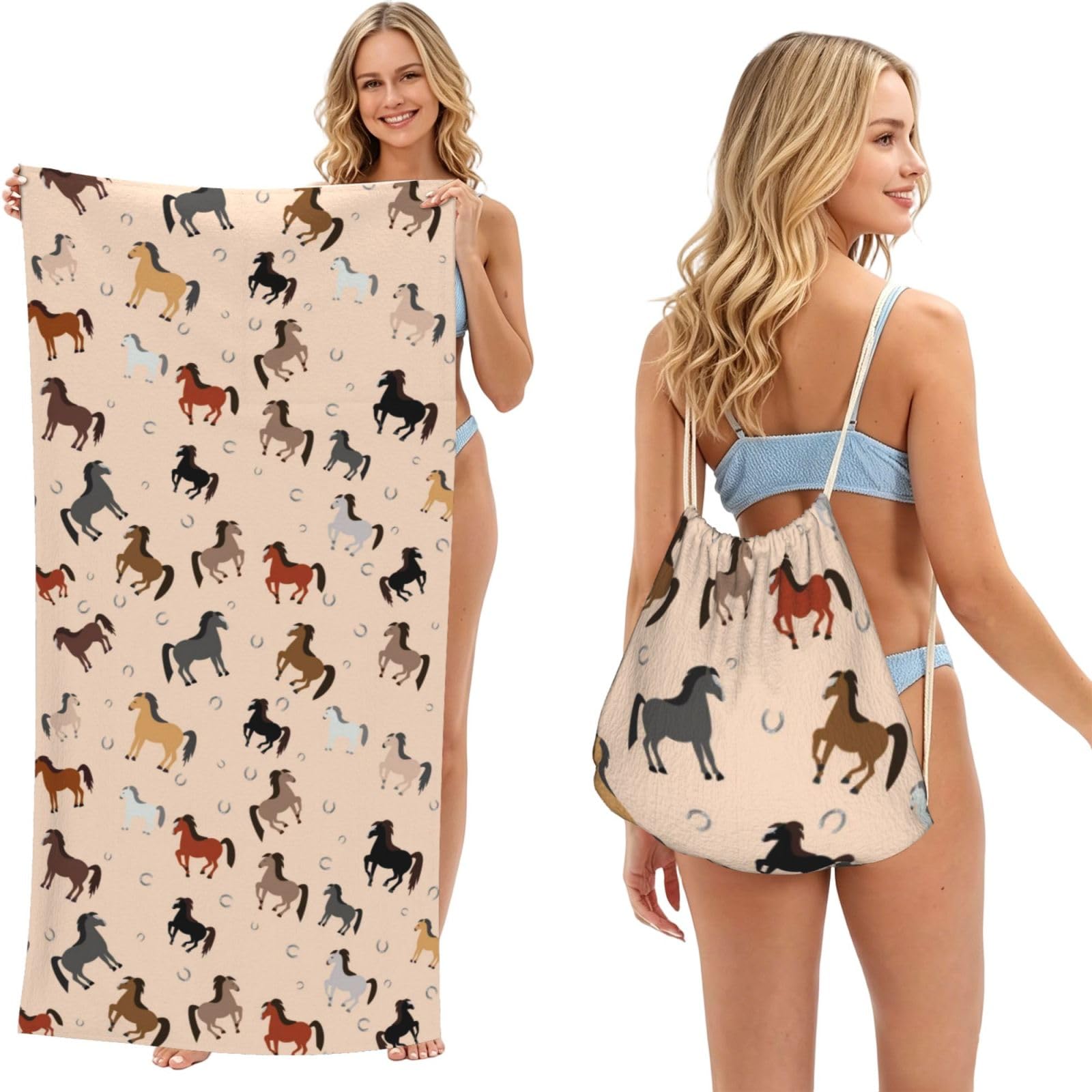 Poadnly As Picture Colored Horse, 2 In 1 Packable Towel Bag, Beach Towels With Drawstring Backpack For Travel Holiday Camping