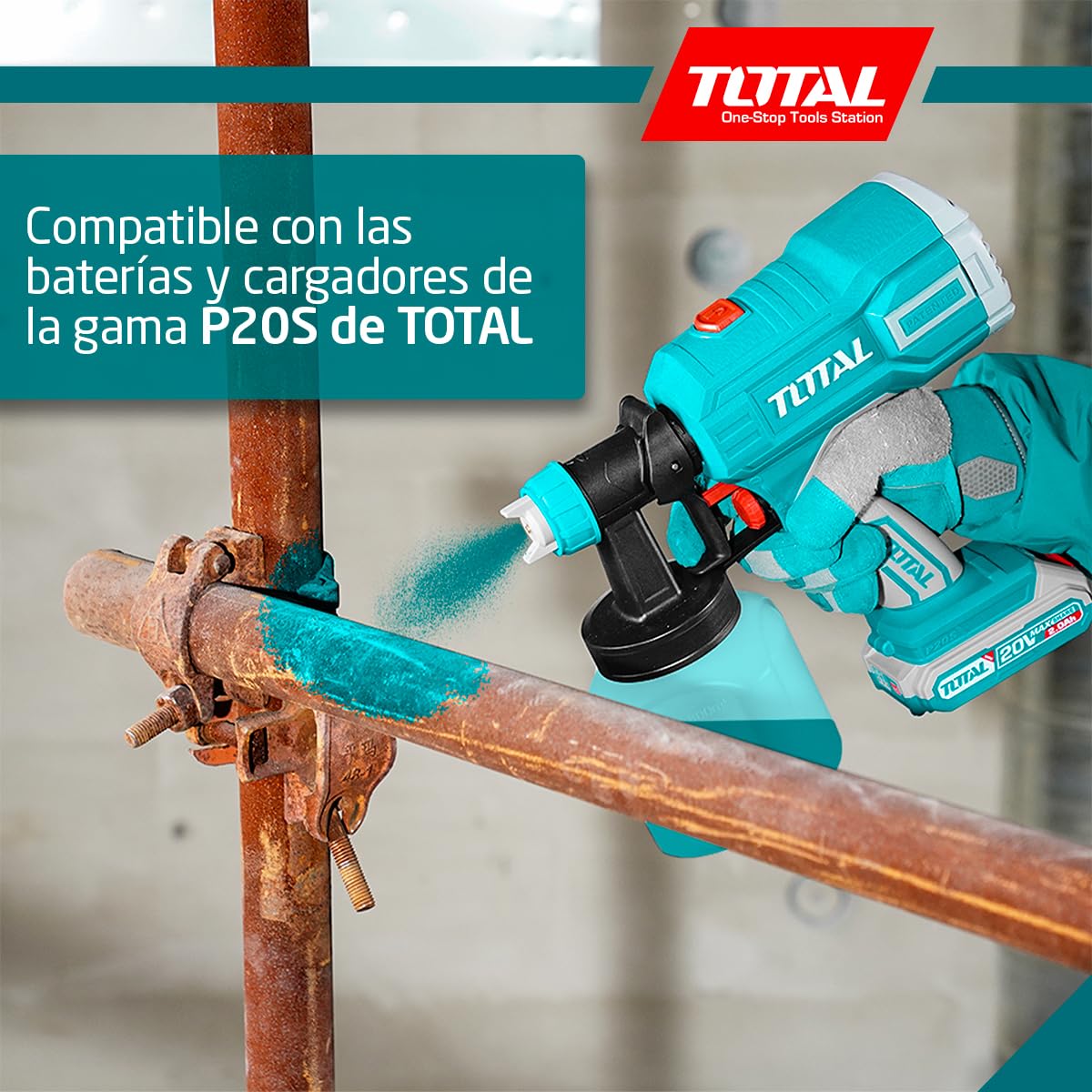 Total - Pistola de Pintura a Batería 20V - Volumen Máximo de 800 ml/min - Viscosidad Máxima de 120 DIN - Depósito de 800 ml- Incluye Embudo Medidor de Viscosidad - 1 Batería 2AH - Cargador - Maletín