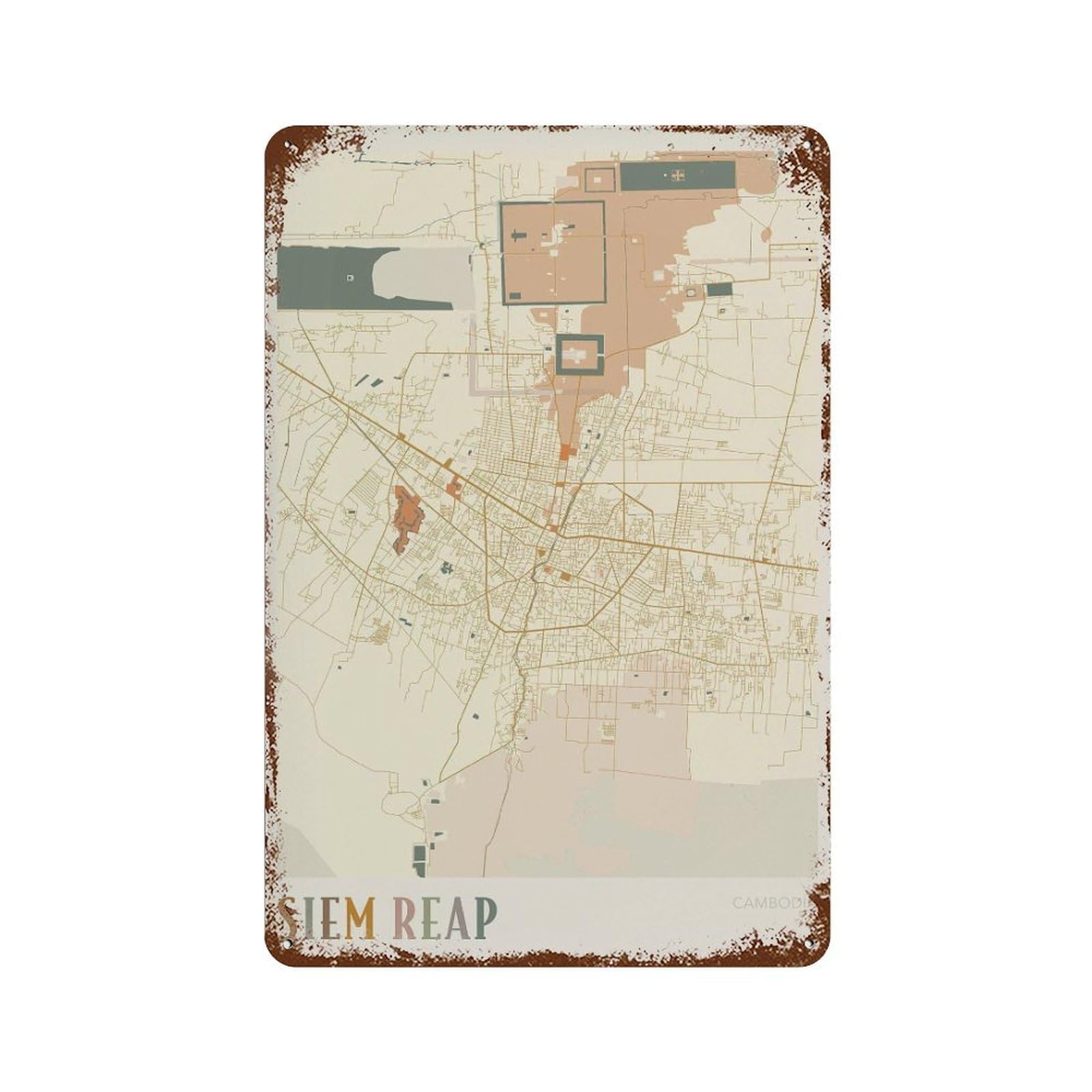 xiaoxiaoshen Siem Reap Map Cambodia Travel Gift Boho Wall Decor Art Metal Tin Poster Modern Home Decor Art Home Bar Shop Decorations Vintage Sign 30x20cm