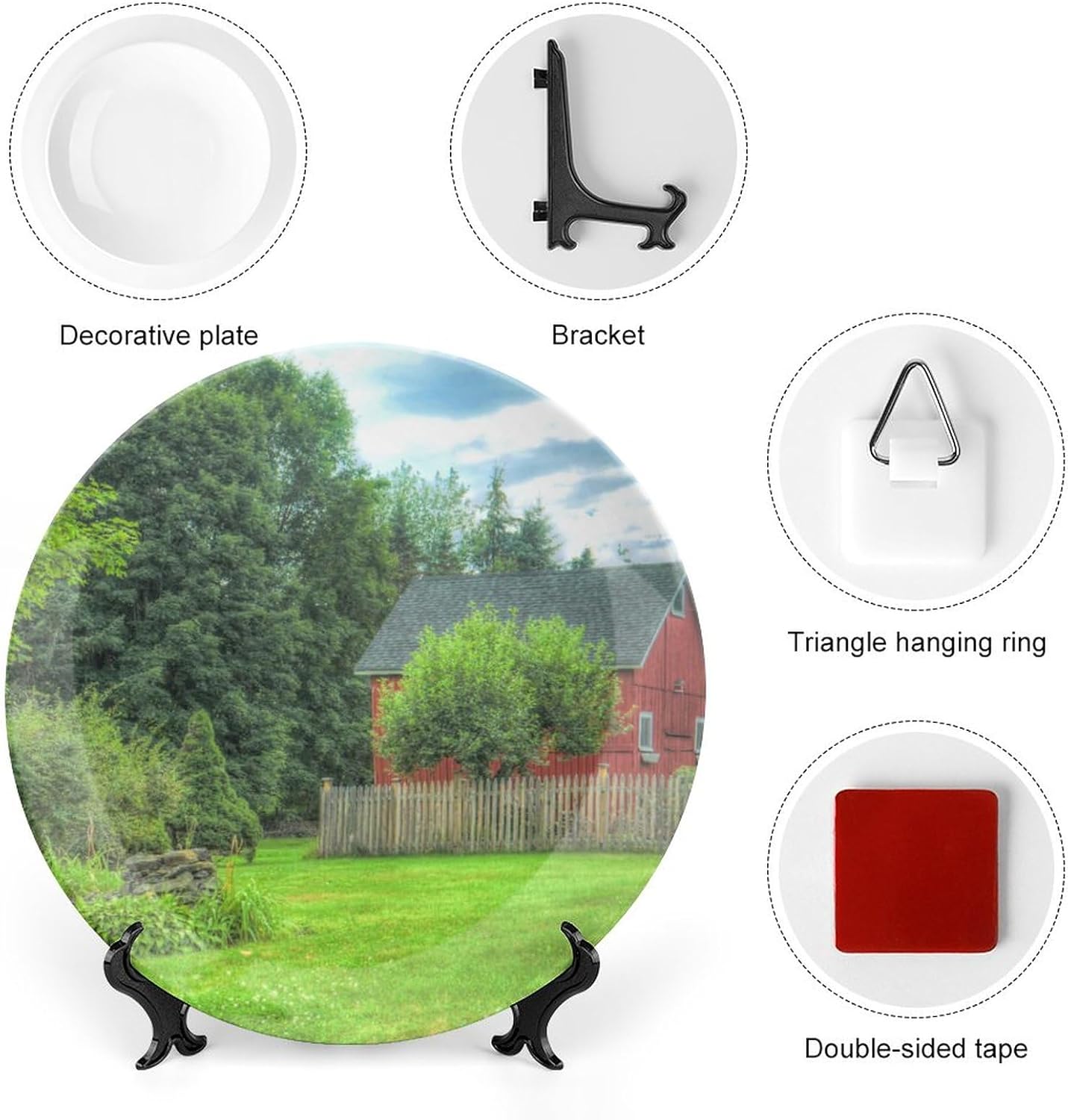 Red Barn Decorative Plate for Wall Hanging Display Ceramic Plates with Stand Porcelain Dinner Plate Home Office Table Wall Decor Ornaments Thanksgiving & Christmas Gift 10"