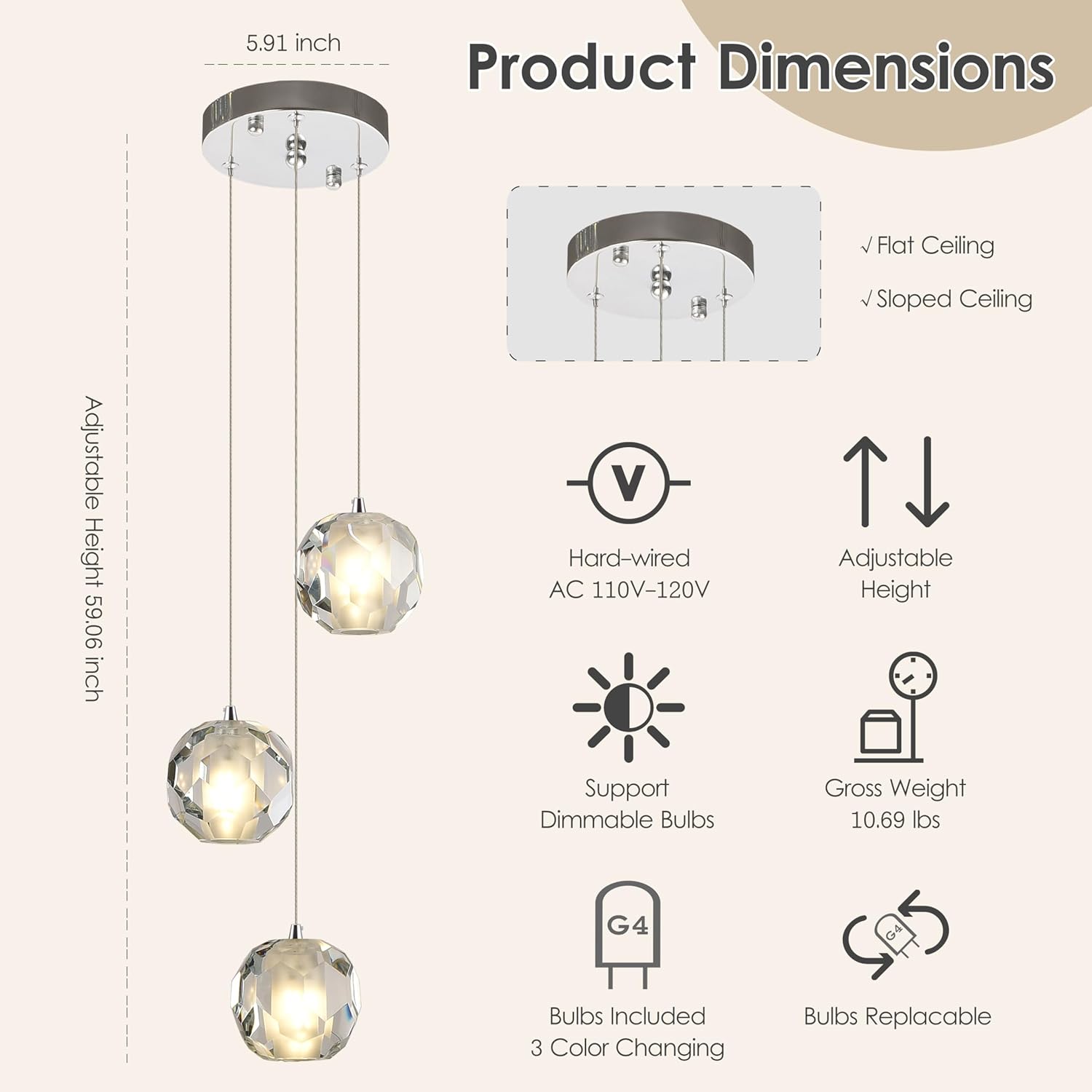 3-Light Modern Pendant Light, Multi-facted Crystal Cluster Pendant Light Fixture in Chrome, Adjustable Hanging Lighting for Kitchen Island Dining Room Hallway Chrome 3-Light