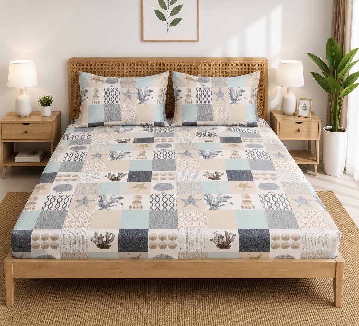 300 TC Super King Size Fitted Bedsheet | Elastic Cotton Printed Bedsheet for King Size Bed | 84x78 Inches | Soft & Comfortable Bed Cover with 2 Pillow Covers (Cream Geometry)-image-5