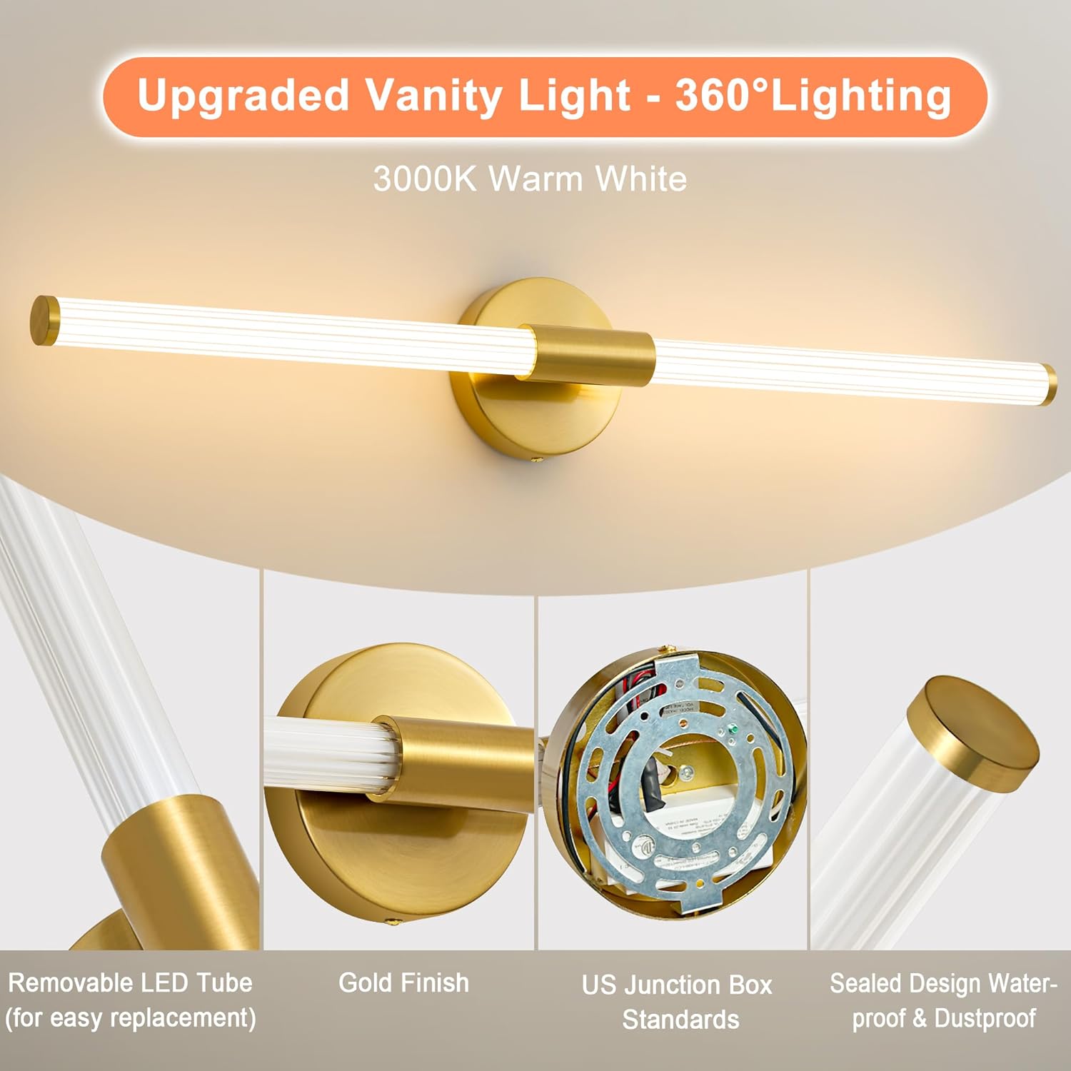Dimmable LED Bathroom Vanity Lights 360° Full Lighting Bathroom Light Fixtures Over Mirror Vanity Light Bar Modern Wall Sconce Warm White for Bedroom Living Room Hardwired Gold, 30 inch