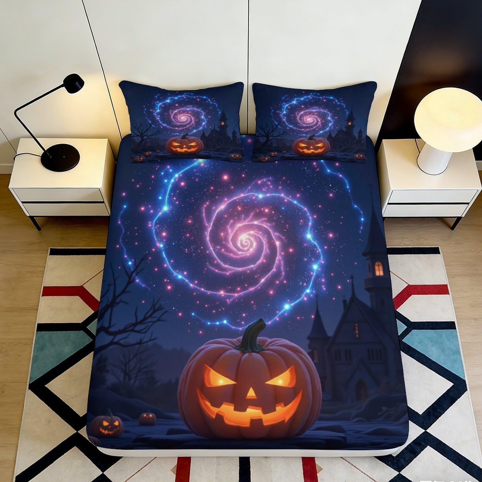 3D Printed Halloween Pumpkin Fitted Sheet Microfiber Deep Pocket Bedroom Bedding Set Halloween Mattress Fitted Cover Non-Slip Washable 200x200x25cm