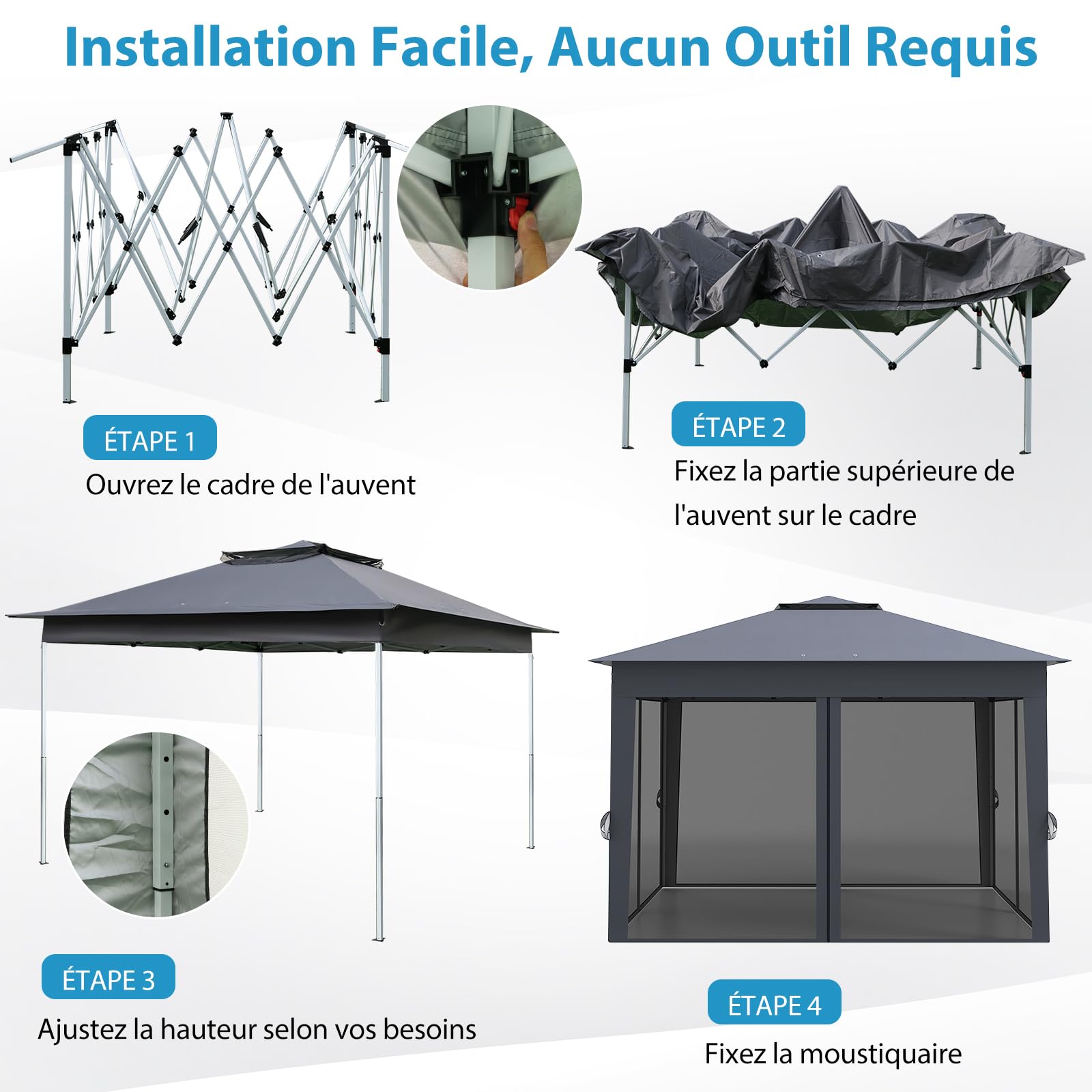 RELAX4LIFE Tonnelle Pliante 3x3 avec Moustiquaires, Tonnelle de Jardin Exterieur Facile à Monter, Toit Ventilé Argenté, Protection Solaire, Sac Inclus, Pavillon de Jardin pour Terrasse Patio, Gris