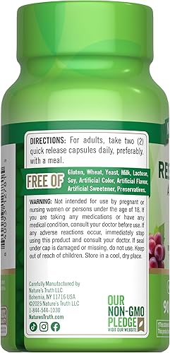 Miniatura 7 de Nature's Truth Complejo de resveratrol 1200 mg  90 cápsulas  Suplemento sin OMG y sin gluten