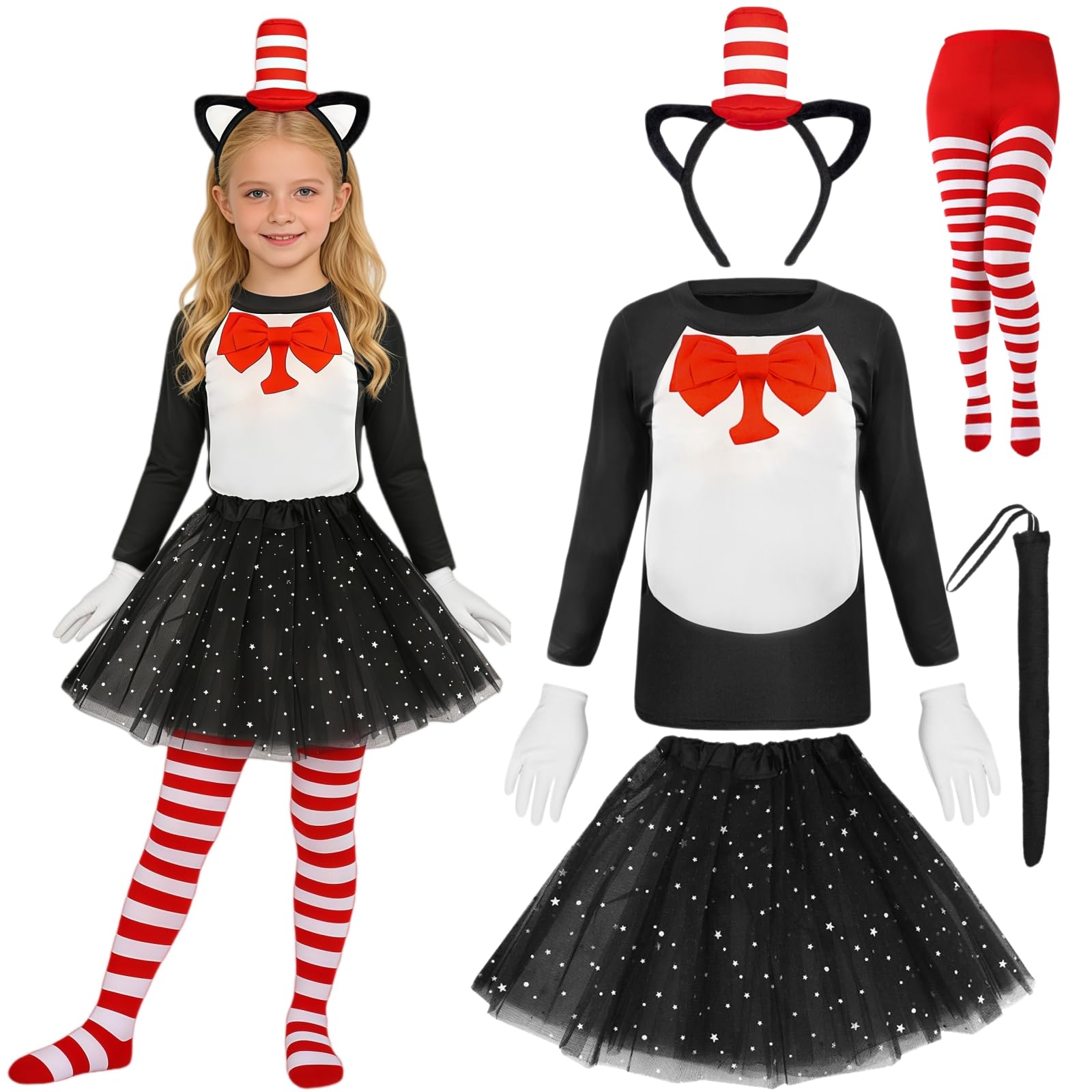 Maazusa World Book Day Cat Costumes Cat Hat Costume Long Sleeve Top Hat Headband Black Star Skirt Tail Gloves Socks Cat Outfit Animal Fancy Dress for World Book Day Carnivals Cosplay Party (M)