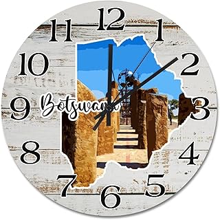 Botswana Landmark City Landscape Wall Clock Botswana Map 15 Inch Round Wall Clocks Battery Operated Time Clock Modern Home Decor for Bedroom Living Room Kitchen School Office