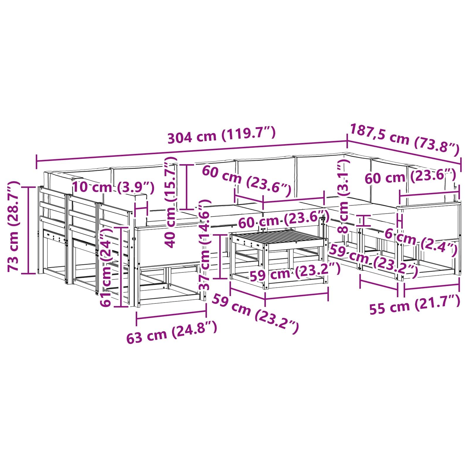 Gartenmöbelgarnitur Set mit 10 Kissen, wetterfestes Akazienholz, modulares Design für Terrasse, Balkon und Garten, langlebig, stilvoll, platzsparend, inklusive Tisch, Sofas und Armlehnen
