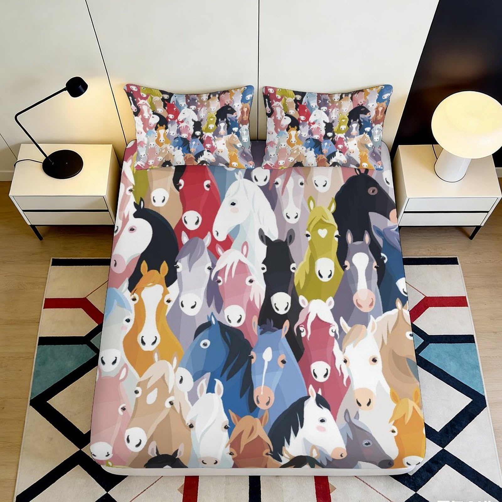 3D Printed Colorful Horse Fitted Sheet Microfiber Soft Breathable Cartoon Stallion Mattress Cover Bedroom Decor 140x200x25cm