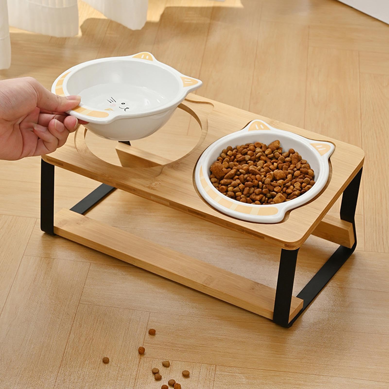 Ciotole Alte per Cibo Gatti Vassoio Sollevato per Gatti | Doppia Ceramica Alta Con Base Legno Antiscivolo Antigoccia Per Cuccioli Mangiare Bere In Appartamento E Viaggio