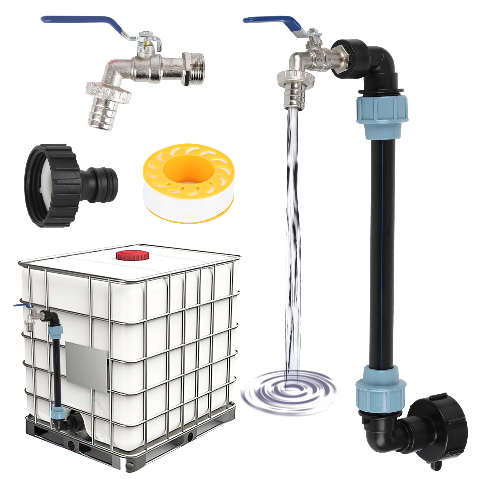 IBC Tank Gooseneck, Rain Barrel Outlet Tap, 3/4 Inch Outlet Tap,IBC Container S60 x 6 3/4 Inch Taps, Adapter, Tank Accessories (Blue Handle)