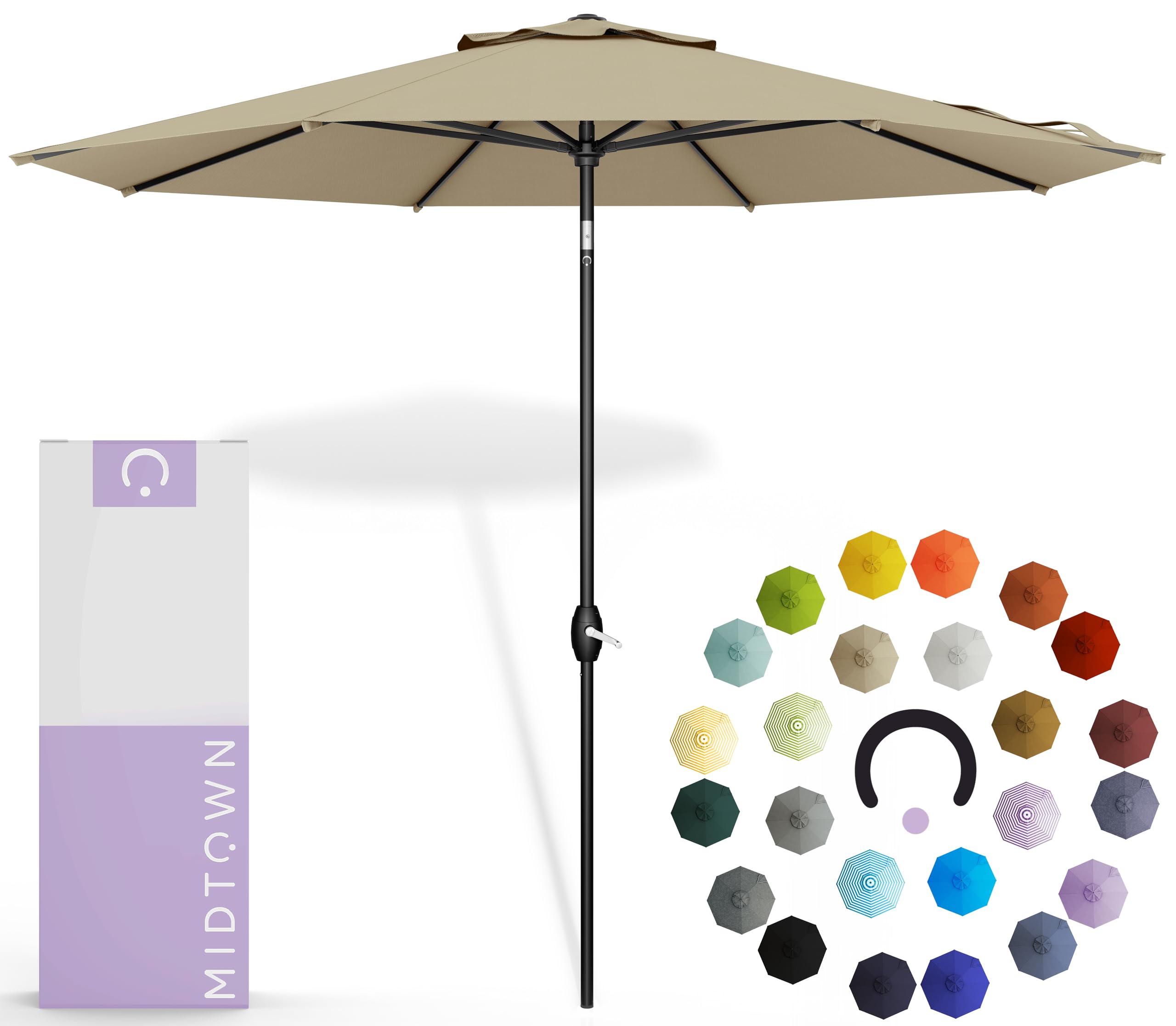 Midtown Umbrellas 10-Year-No-Fade - 9 Ft - UV Proof Beige Polyester Fabric - Umbrella Outdoor Patio, Auto-Tilt Aluminum Frame Patio Umbrella for Garden, Pool & Deck - Black Pole
