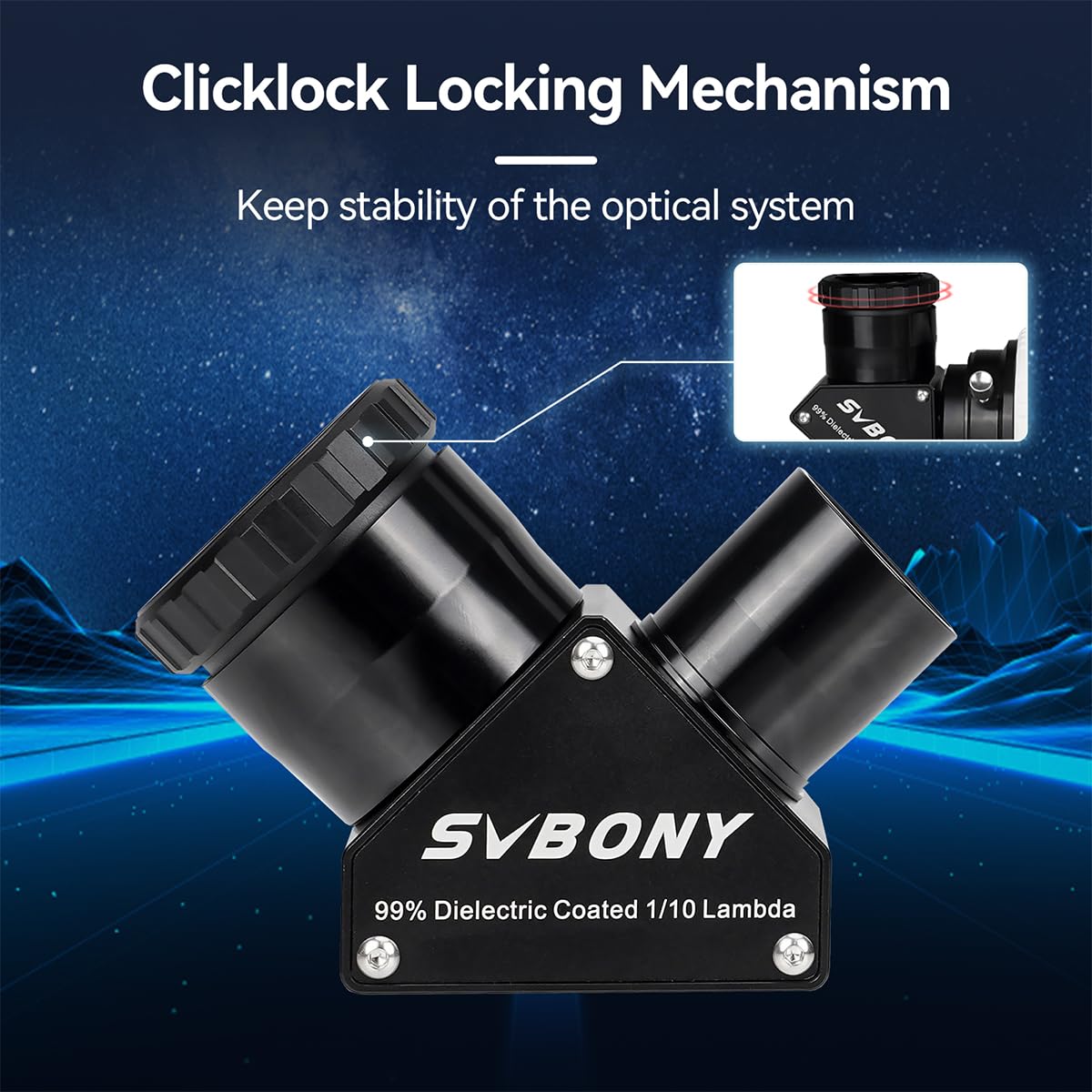 SVBONY SV223 1,25 Zoll 90 Grad Dielektrischer Spiegel, 99% reflektierende dielektrische Beschichtung Stern Diagonale, Clicklock-Verriegelungsmechanismus, Diagonaladapter mit Messing-Kompressionsring