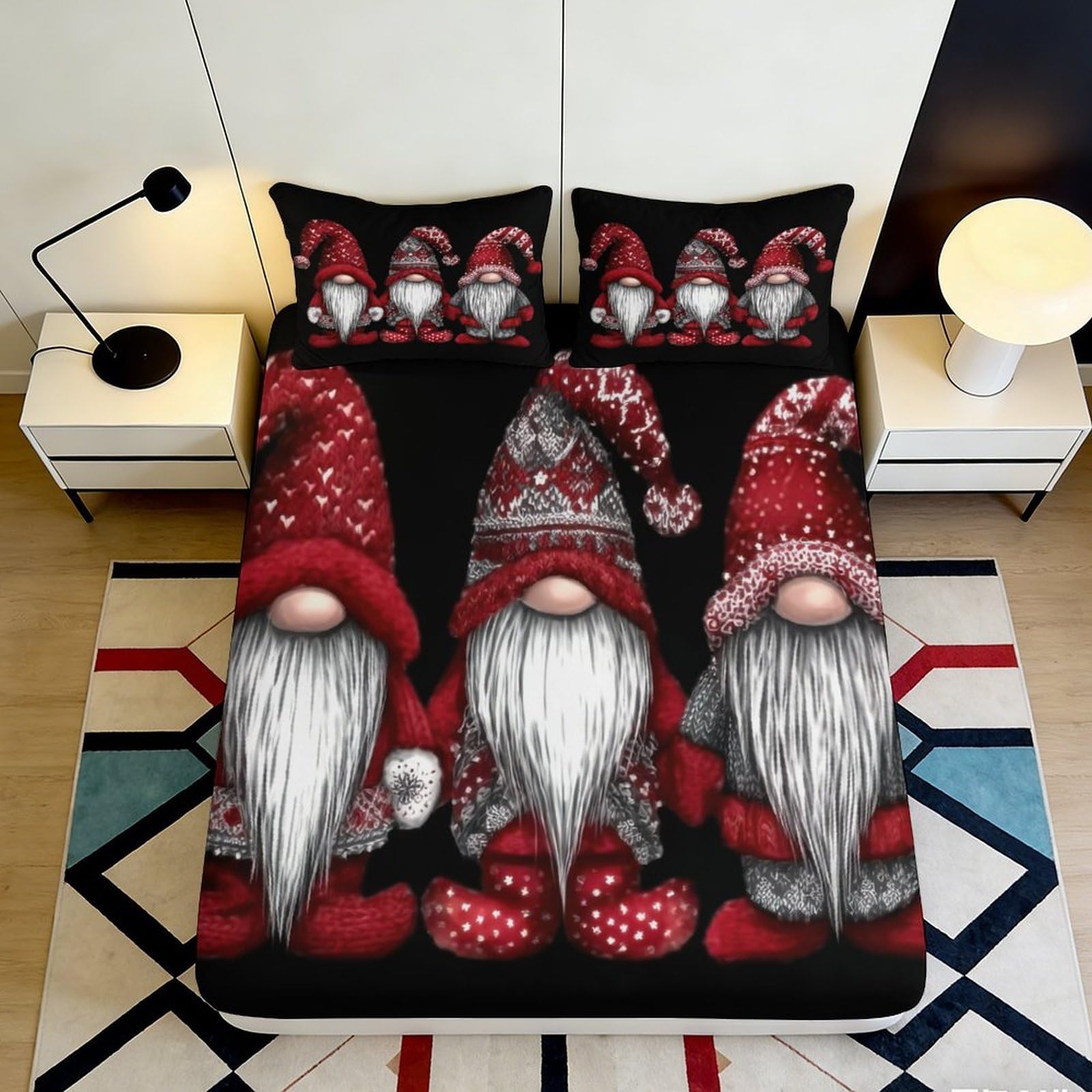 3D Printed Christmas Gnome Fitted Sheet Microfiber Red Hat Decor Nordic Elf Bed Cover Non-slip Easy Care for Bedroom 90x200x25cm