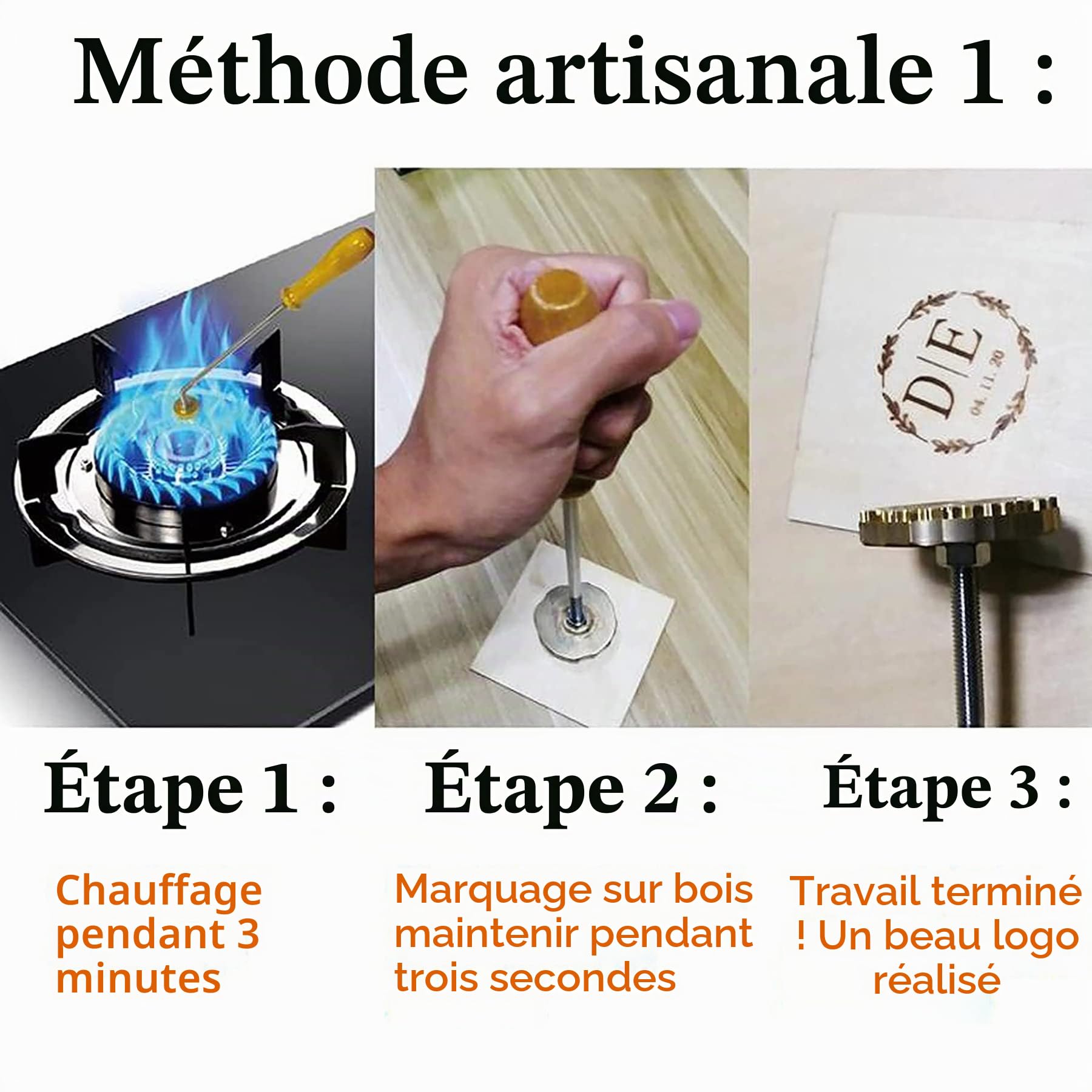 Fer de marquage avec logo personnalisé pour bois, fer à marquer pour menuisiers, artisans du cuir, tampon thermique pour barbecue, poignée en bois (3,8 x 3,8 cm)