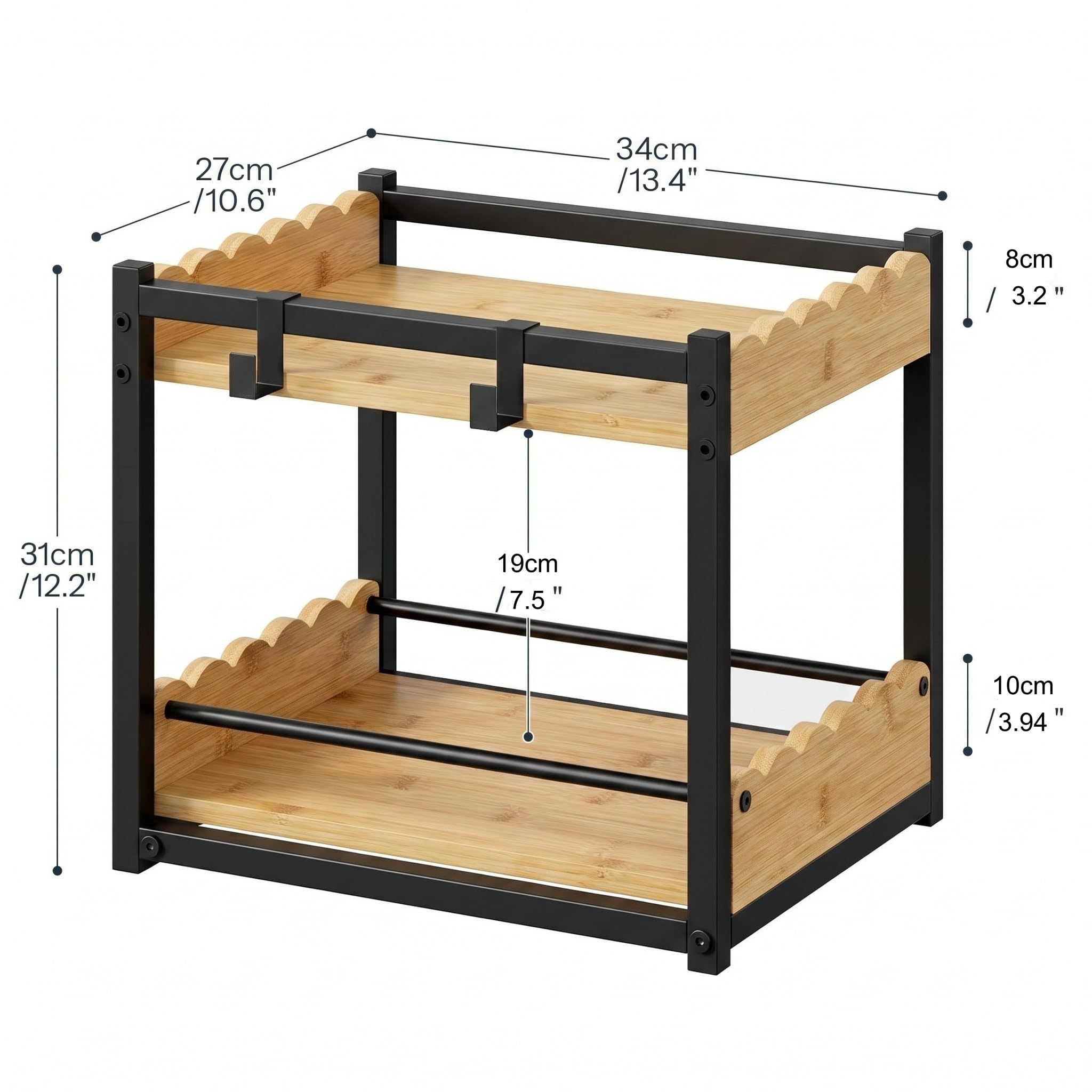 Organizzatore da banco a 2 ripiani in bambù naturale, moderno portaspezie industriale con ripiano estraibile e ganci, elegante contenitore per cucina e casa