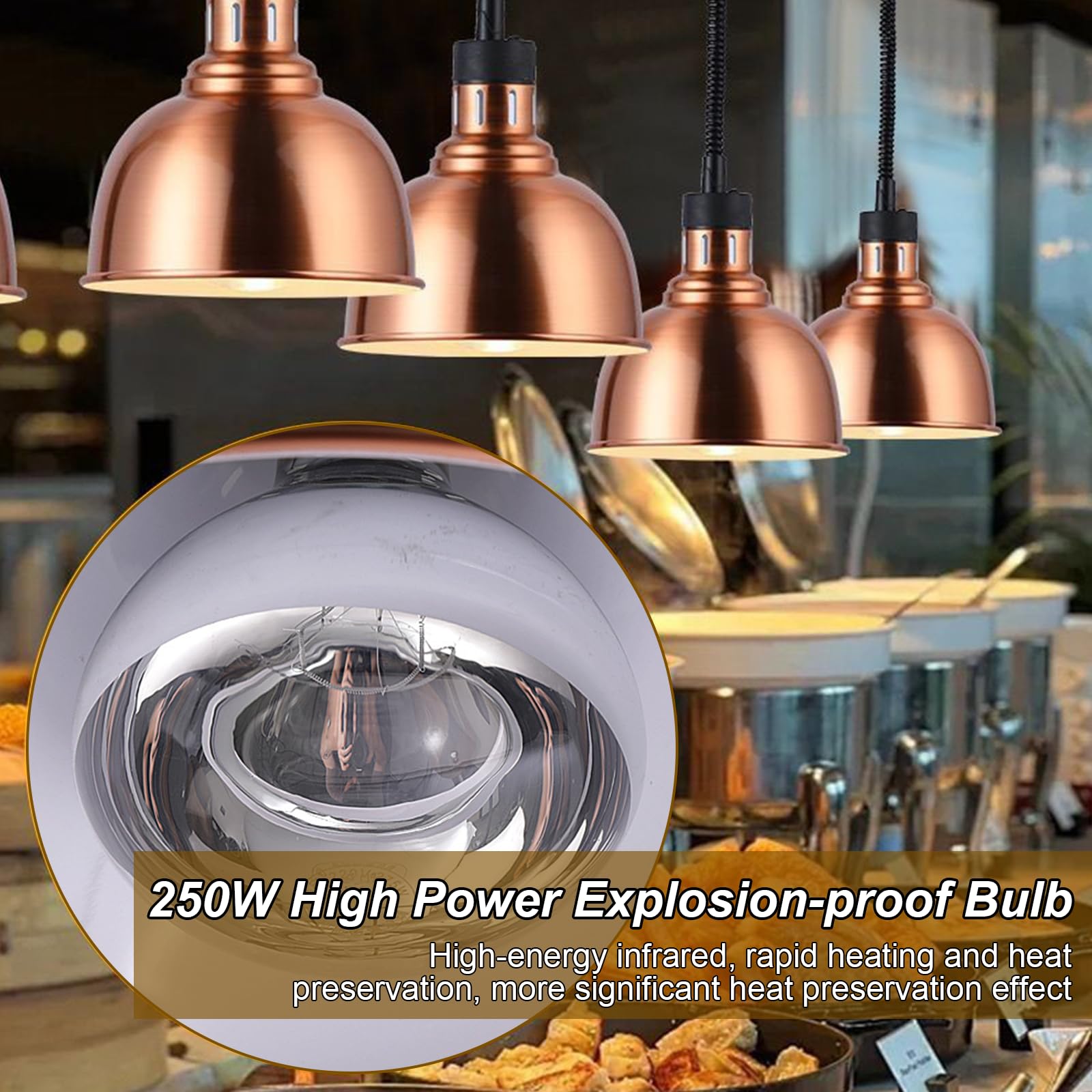 Lampada Riscaldante per Alimenti, 250W Lampade Scaldavivande Cucina Regolabile, Lampade Riscaldante Cucina Sospeso 19 cm/25 cm per Ristoranti, Hotel a Buffet (Acciaio inossidabile-25cm,2 Pezzi)