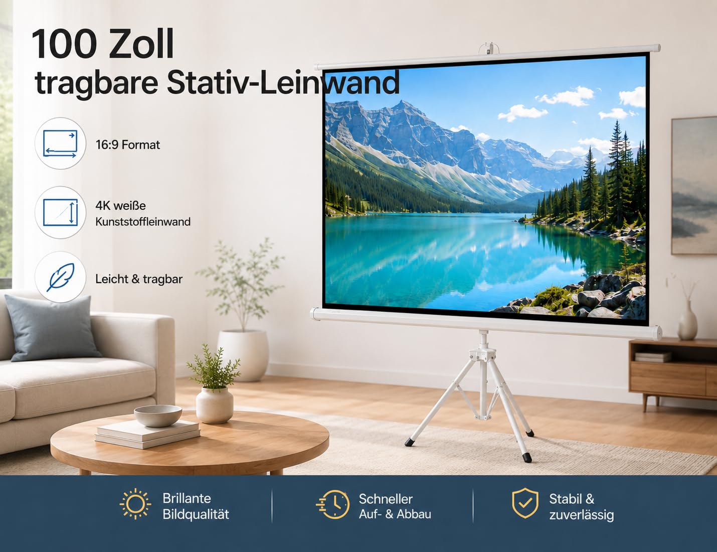 Beamer Leinwand mit Stativ,Tragbare Leinwand Beamer Outdoor 100 Zoll,Format 16:9 HD Faltbare mit Tragetasche für Haus Hinterhof Theater Nächte
