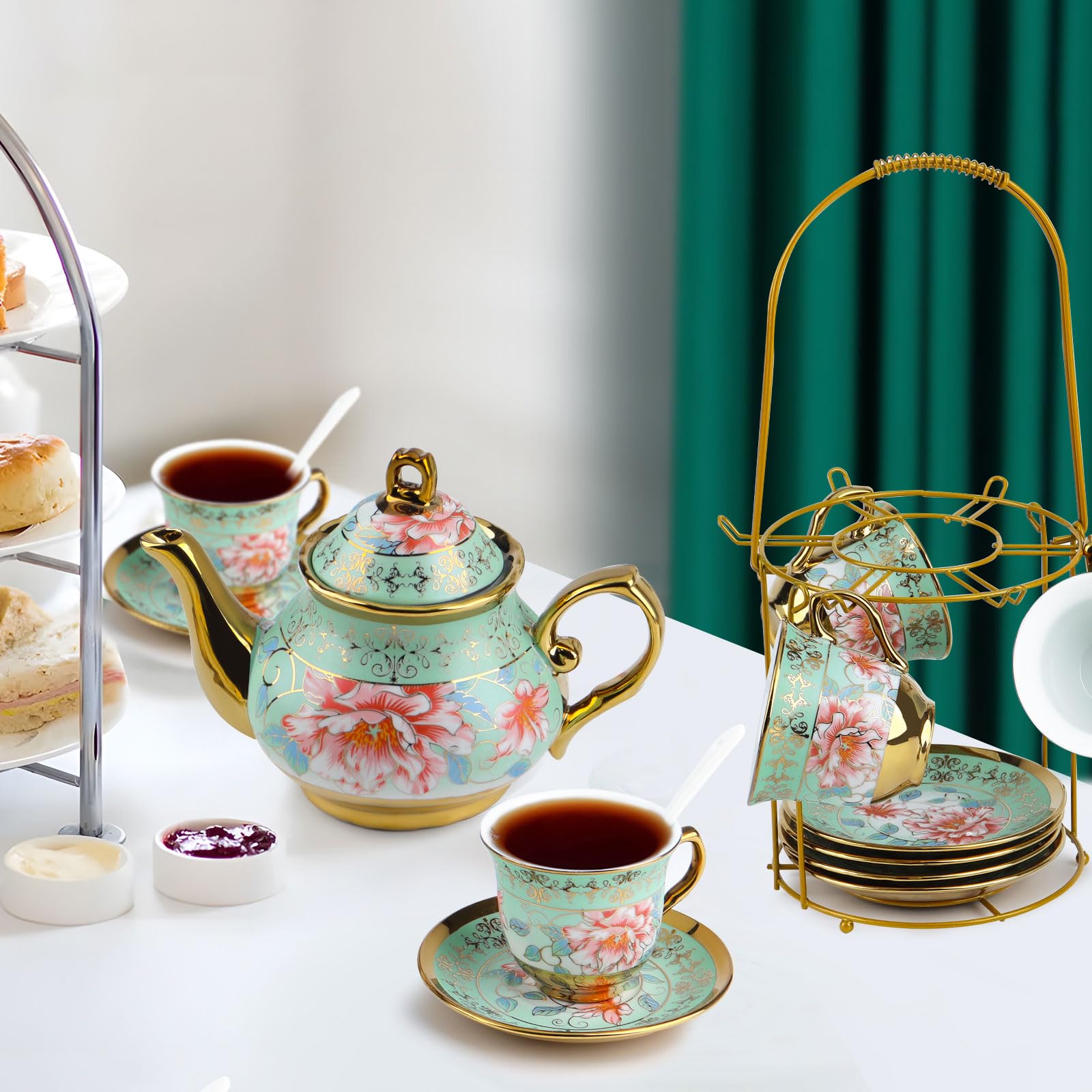 Serwis do herbaty, 20-częściowy, porcelanowy zestaw do herbaty w stylu vintage, z metalowym stojakiem, motyw kwiatowy i złota krawędź, dzbanek do herbaty 700 ml i filiżanki do herbaty 160 ml | Wzornictwo vintage z motywem kwiatowym i metalowym stojakiem.