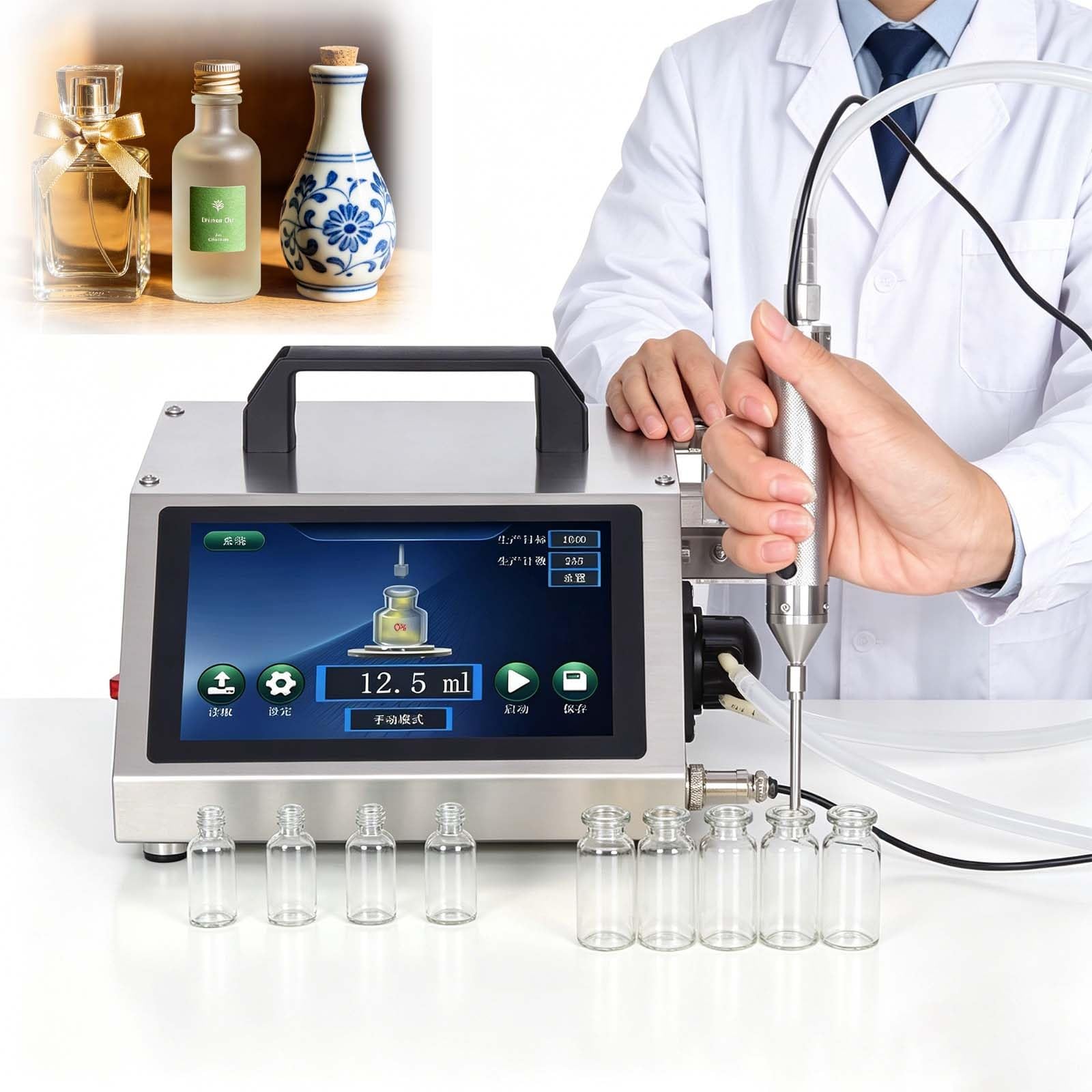 Mała Automatyczna Maszyna Do Napełniania Kropli Do Oczu, Precyzyjna Maszyna Do Napełniania Butelek Kosmetycznych, Maksymalny Przepływ 600 Ml/Min, Wbudowany Licznik Produkcji(HD1370)