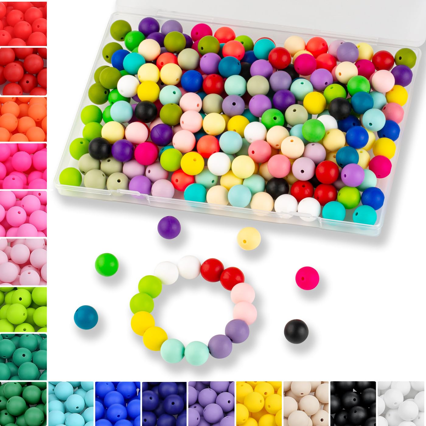 MAIBAOTA 120 Pcs Silicone Beads 24 Colors 15 mm Silcone Beads for Keychain/Bracelet/Pens Making Mixed Color Round Focal Rubber Beads for Crafts Making(with Boxed Kits)