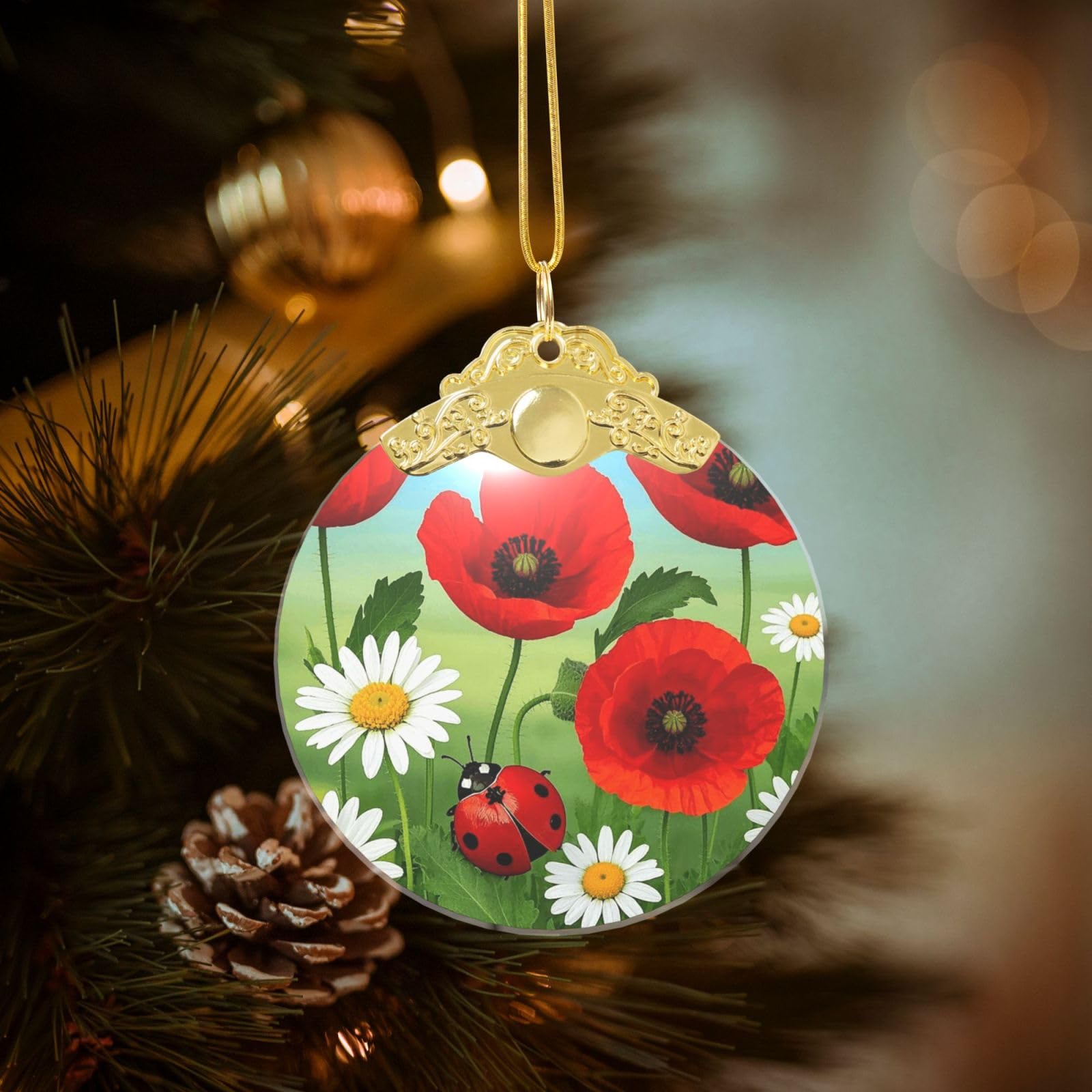 Crystal Christmas Ornaments for Christmas Tree Decoration Hanging Chamomile Ladybug and Daisy Ornament with Gold Ribbon Crafts Round Pendant for Keepsake Gifts Glass Xmas Decor Party Supplies