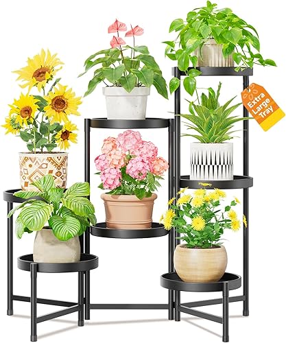 Miniatura 18 de LASZOLA Soporte grande para plantas de 5 niveles para interiores con bandeja de metal de 10 pulgadas, estante plegable de esquina para flores