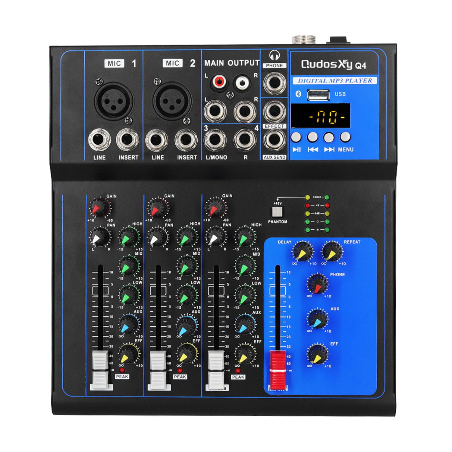 Mixer Audio Professionale Scheda Audio Console Interfaccia Sistema 4 Canali USB Digitale Bluetooth MP3 Ingresso Computer 48V Phantom Power Stereo DJ Studio Streaming