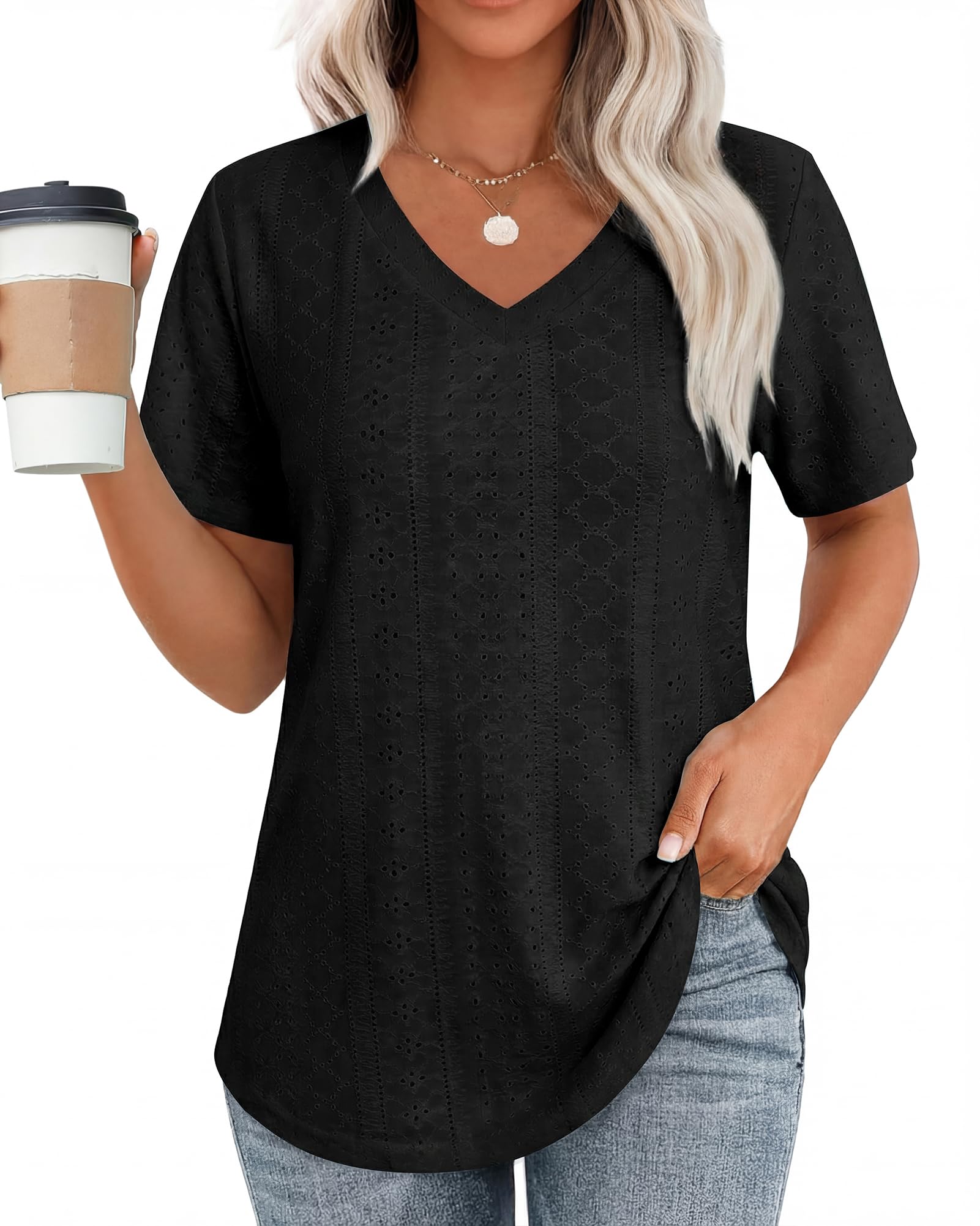 SENBATU Tshirt Damen V Ausschnitt Kurzarm Oversize T Shirt Sommer Casual Lochstickerei Top Damen Locker